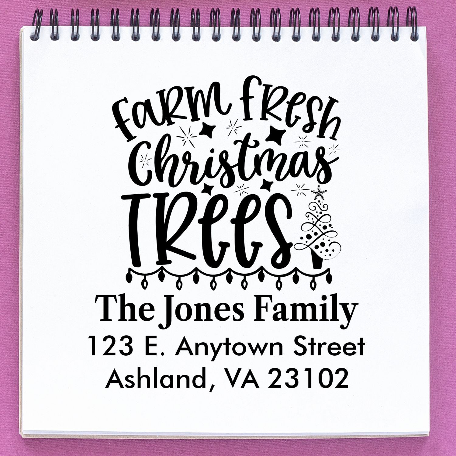 Personalized farm fresh Christmas trees return address rubber stamp for holiday cards and festive mailing labels