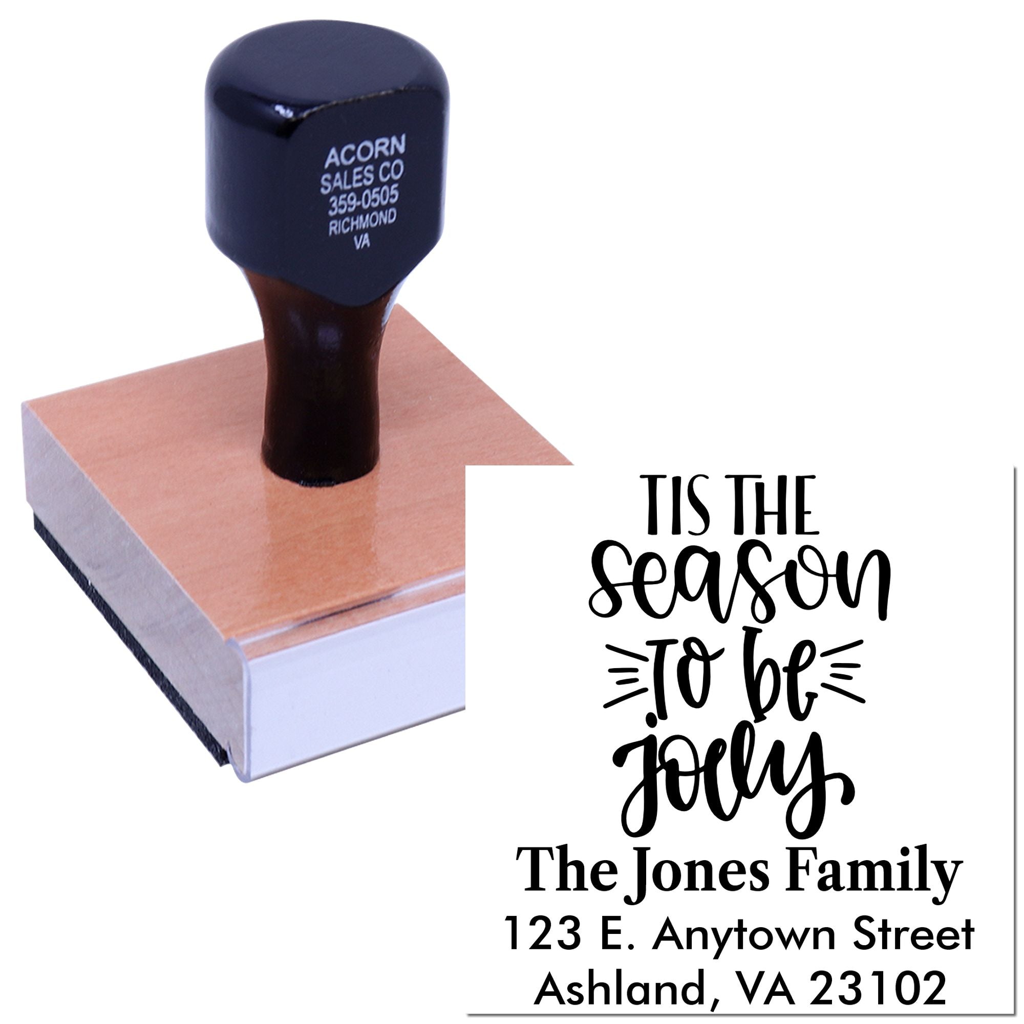 Custom holiday rubber stamp with Tis the season to be jolly and personalized return address for Christmas cards.