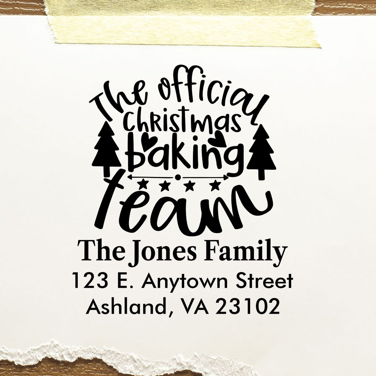 Custom Christmas baking team rubber stamp with personalized family name and return address for holiday cards and gift tags