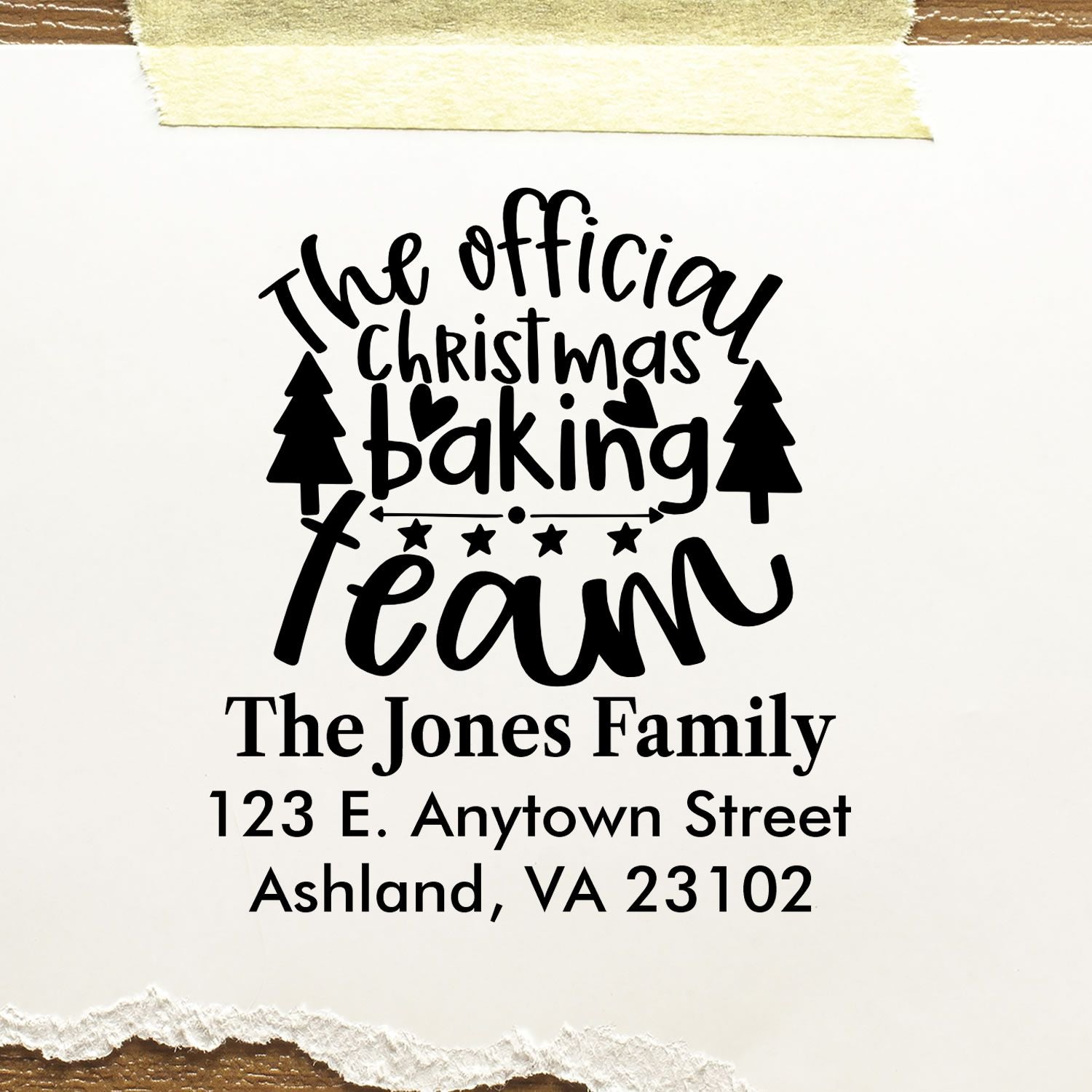 Custom Christmas baking team return address rubber stamp for The Jones Family, Ashland, VA
