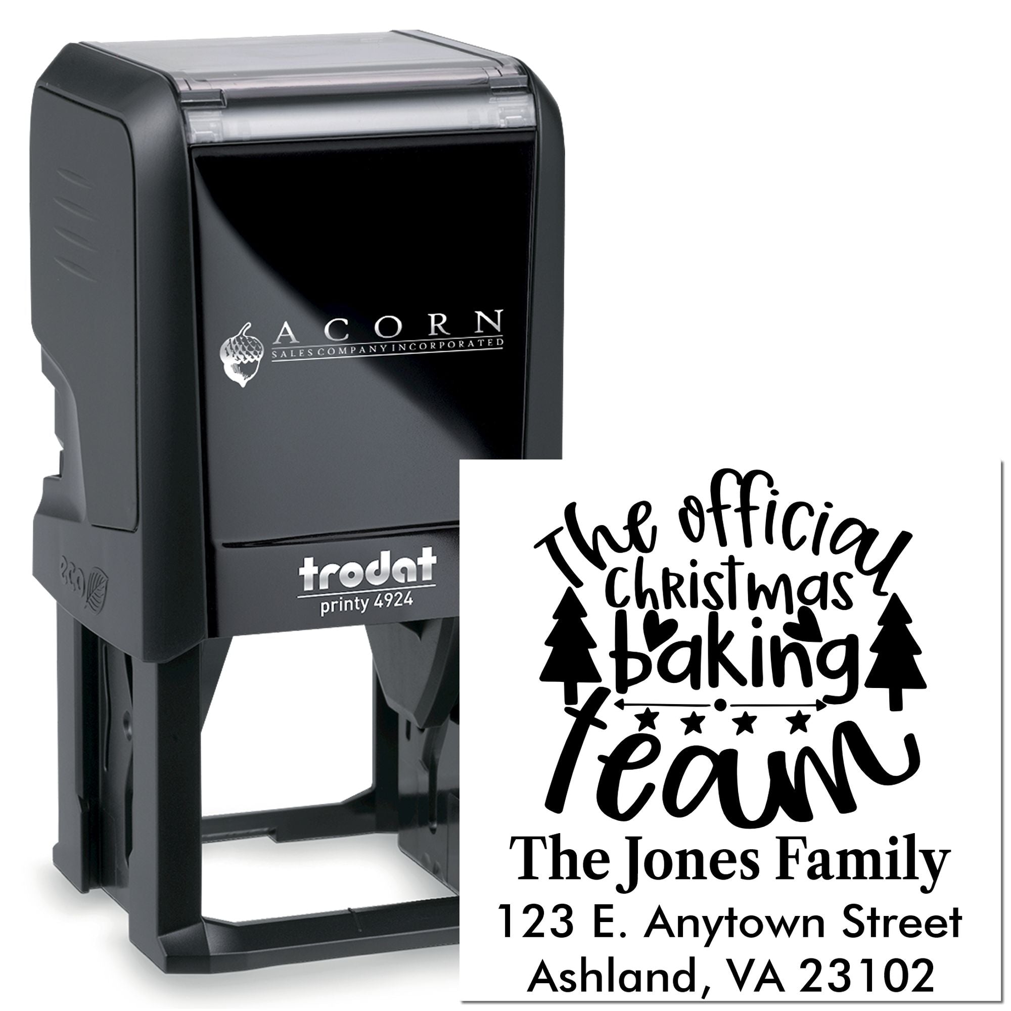 Custom self-inking rubber stamp for Christmas baking, featuring family name and return address for holiday gifts and cards.