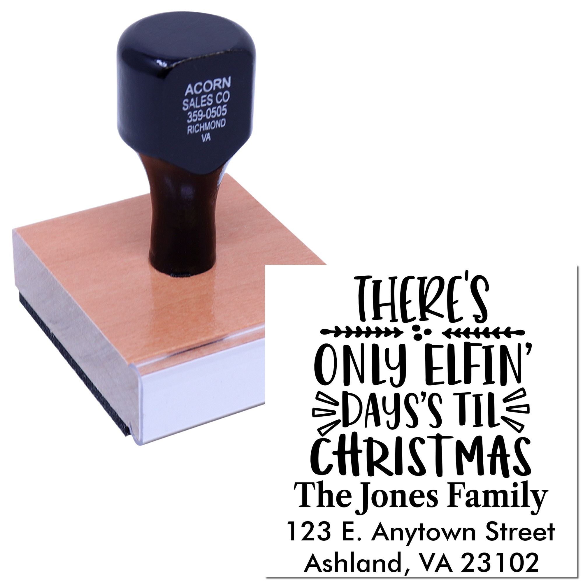 Personalized Christmas address rubber stamp with family name, street address, and festive Theres only elfin days till Christmas design.