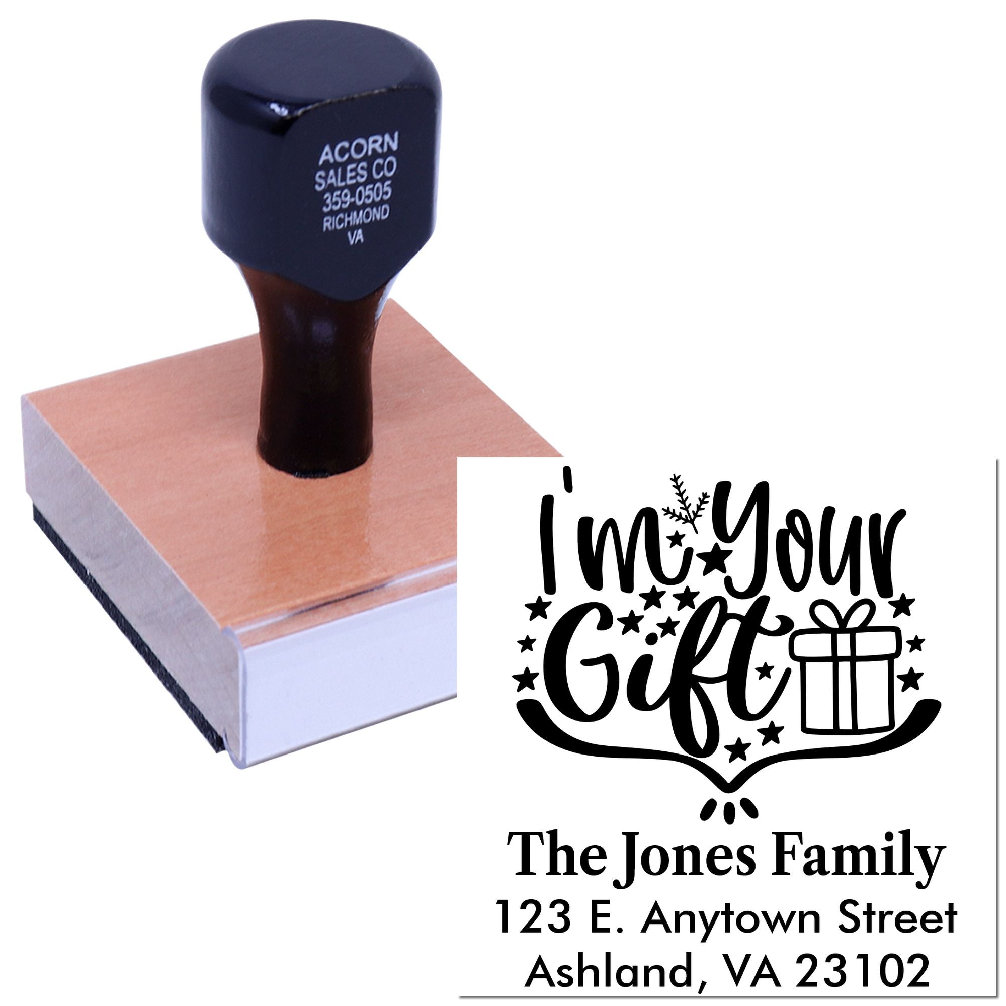 Custom rubber stamp for holiday gifts, featuring Im Your Gift design and personalized family address.