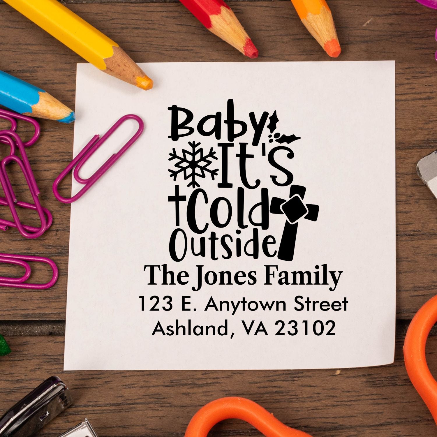 Custom winter return address rubber stamp with Baby Its Cold Outside design for holiday cards and envelopes.