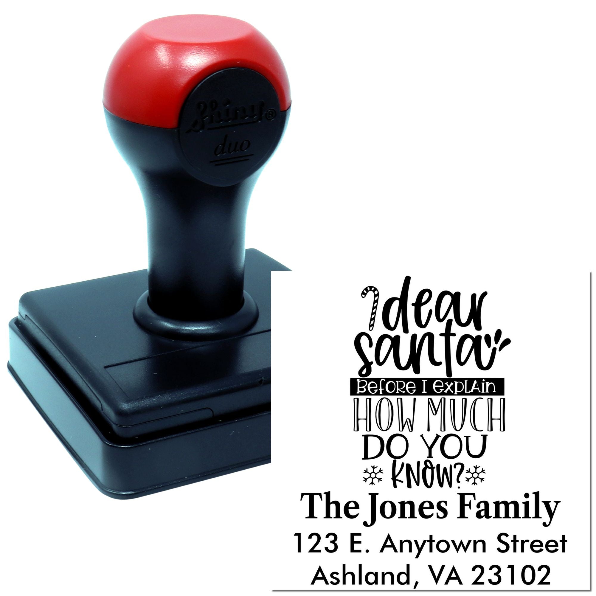 Custom self-inking rubber stamp with family name, address, and playful quote for personalized return address labeling.