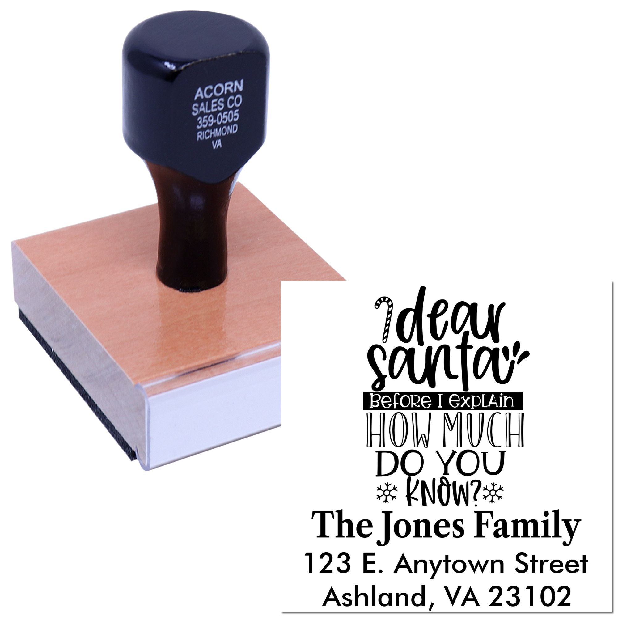 Personalized return address rubber stamp with humorous holiday family design for cards, envelopes, and seasonal mailing.