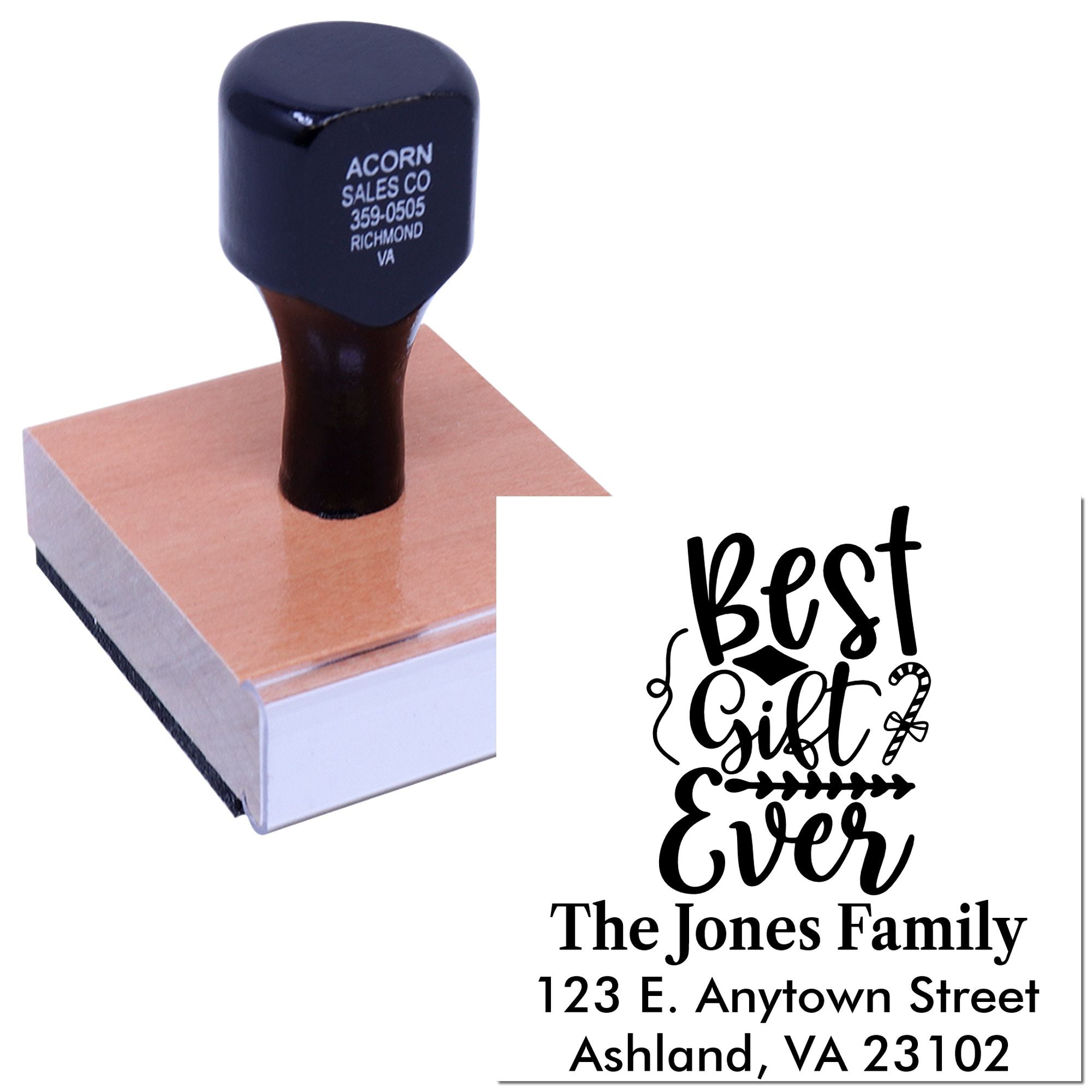 Custom rubber stamp with Best Gift Ever family address design for personalized holiday gift packaging.