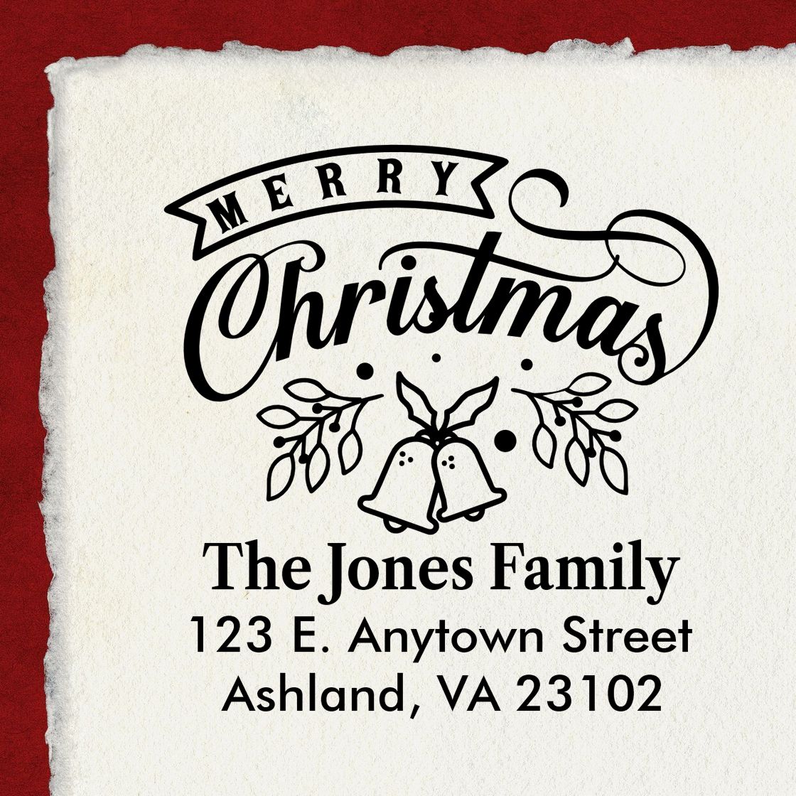 Personalized Merry Christmas return address rubber stamp for holiday cards, featuring The Jones Family and Ashland, VA address.