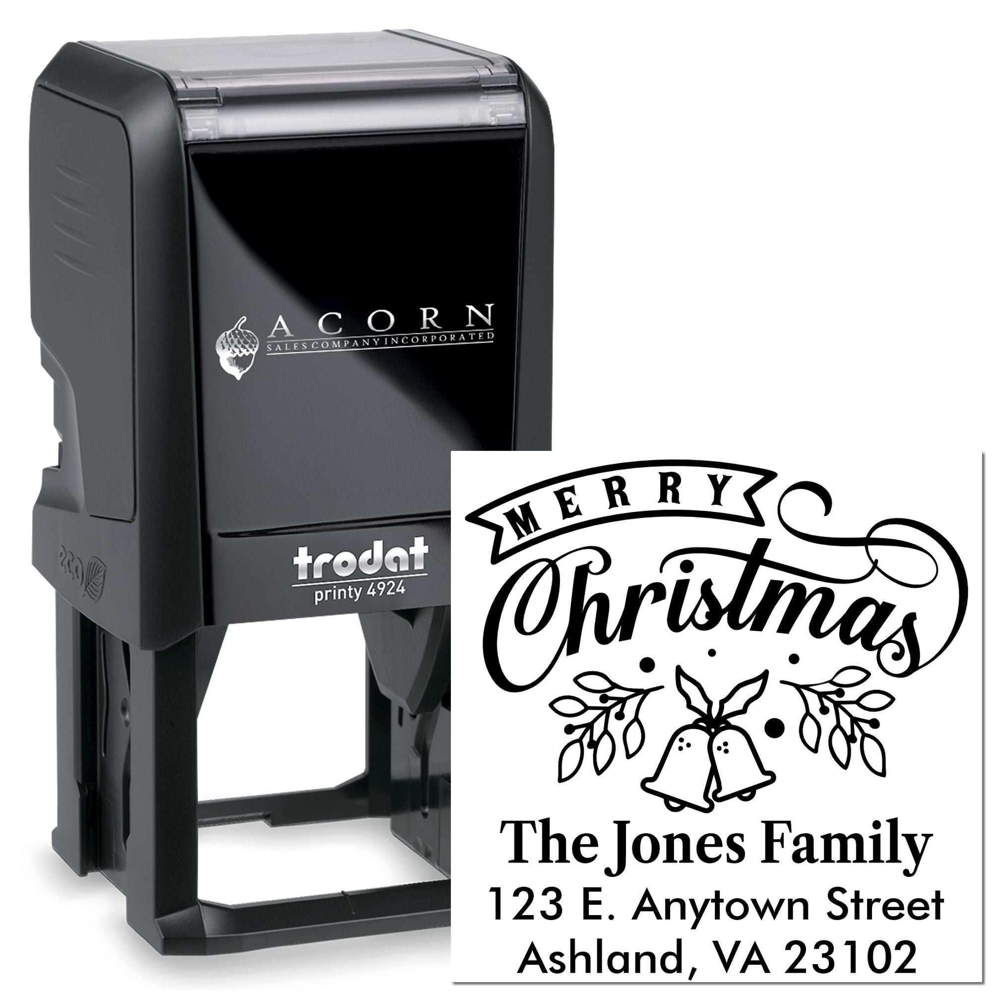 Trodat Printy self-inking rubber stamp with custom Christmas return address design for holiday cards and envelopes.