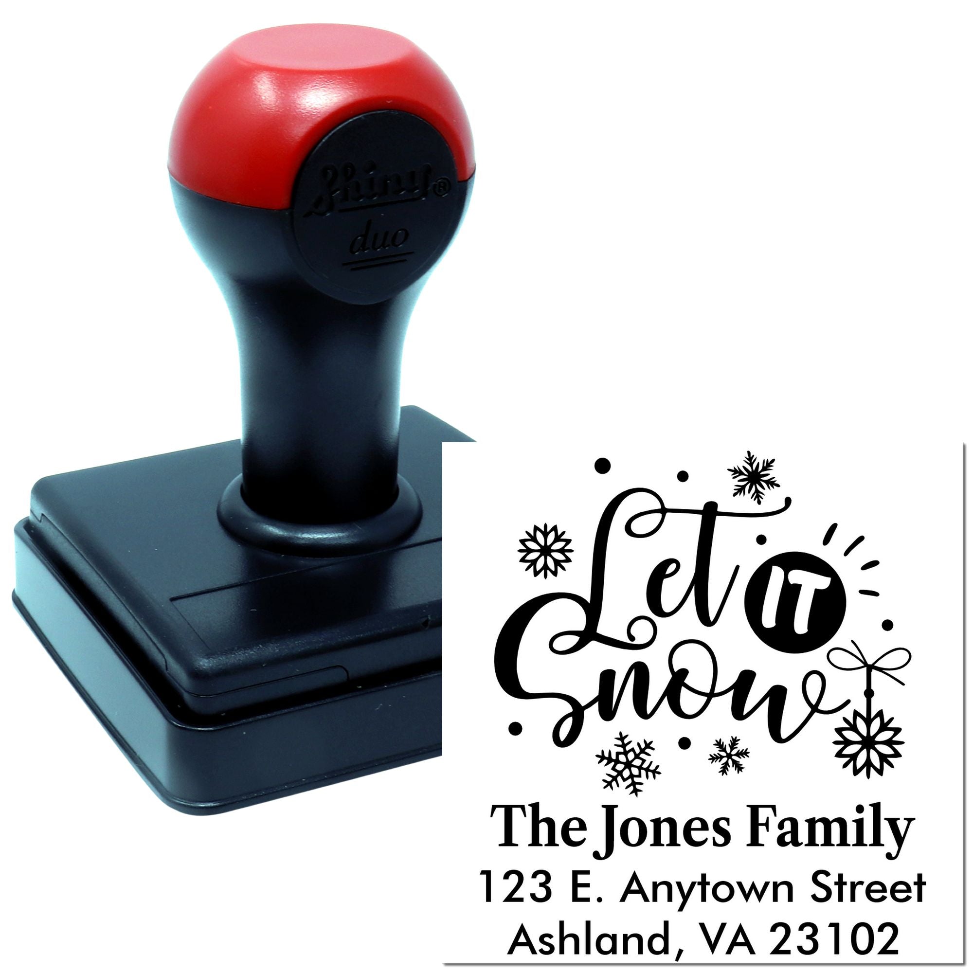 Custom self-inking rubber stamp with Let It Snow holiday design and personalized return address for mailing.