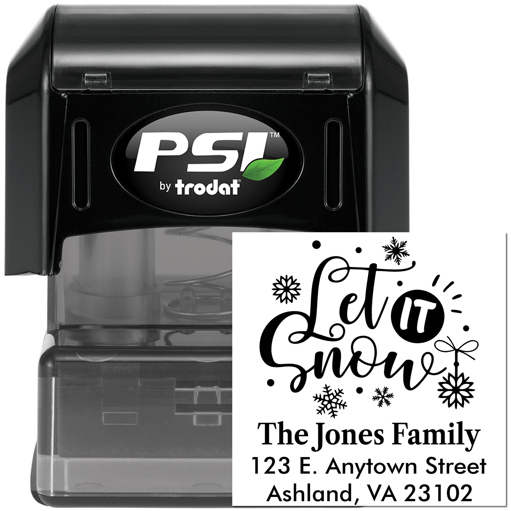Custom self-inking rubber address stamp with Let it Snow holiday design for family mailing labels and winter cards.