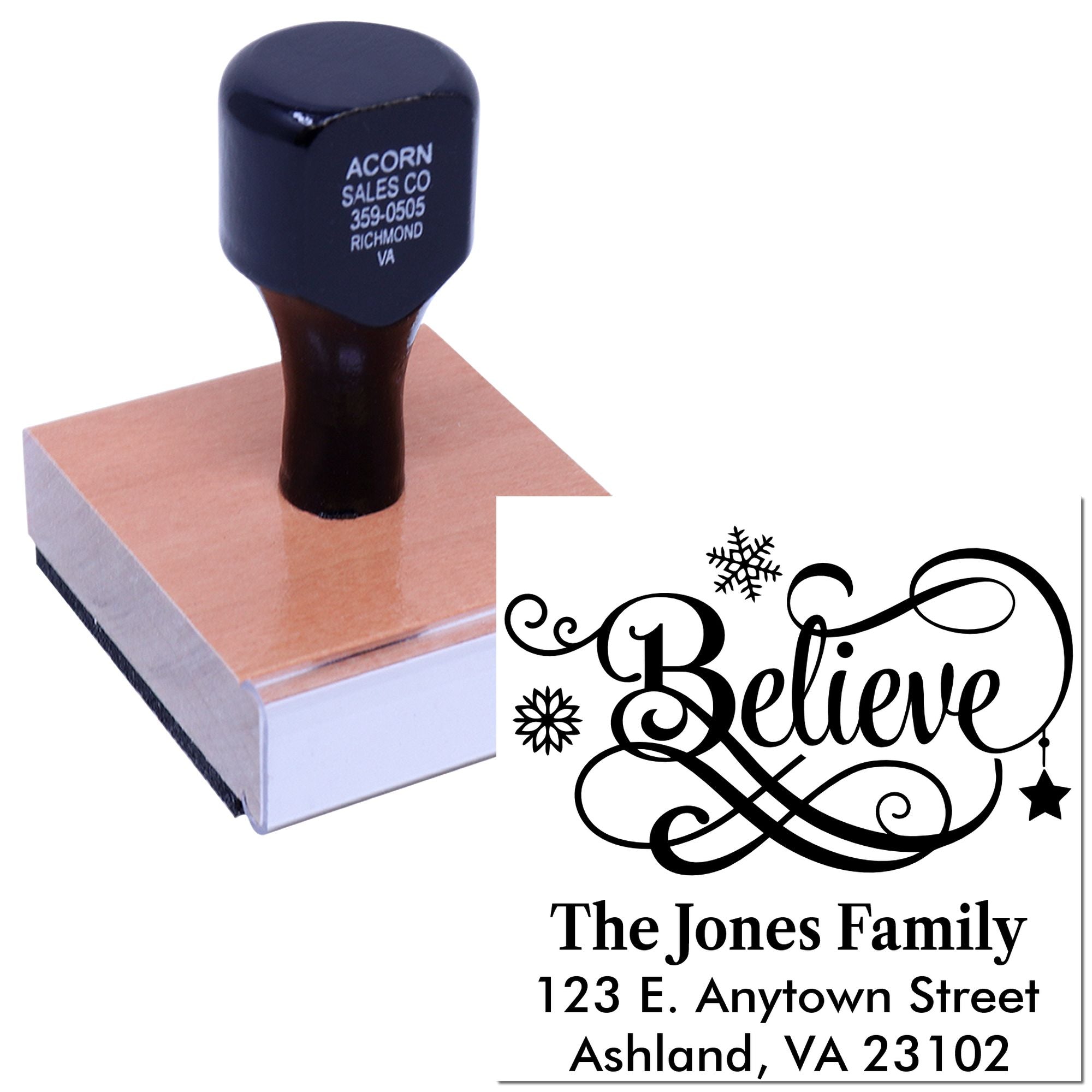 Personalized rubber stamp with Believe holiday family address design for Christmas cards, envelopes, and crafts.