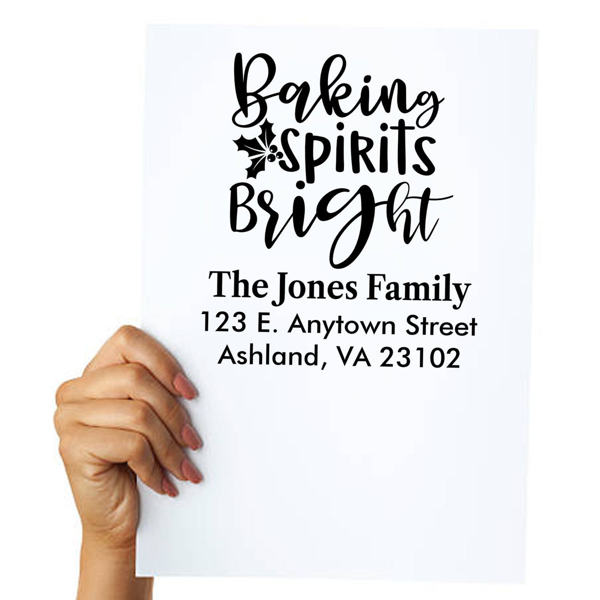 Personalized rubber stamp with Baking Spirits Bright holiday message, family name, and address.