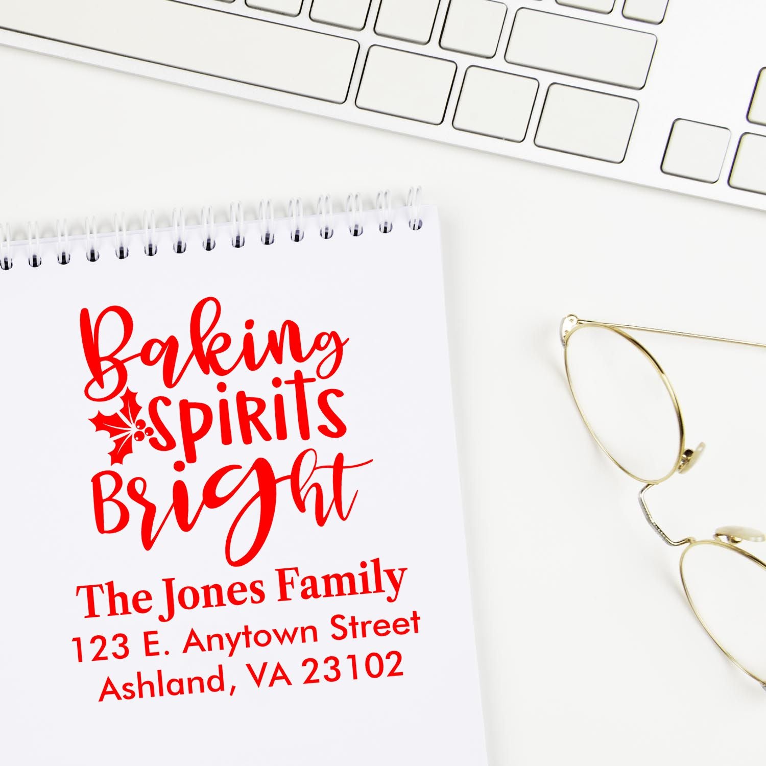 Custom holiday rubber stamp with Baking Spirits Bright and personalized return address for festive family mailings.