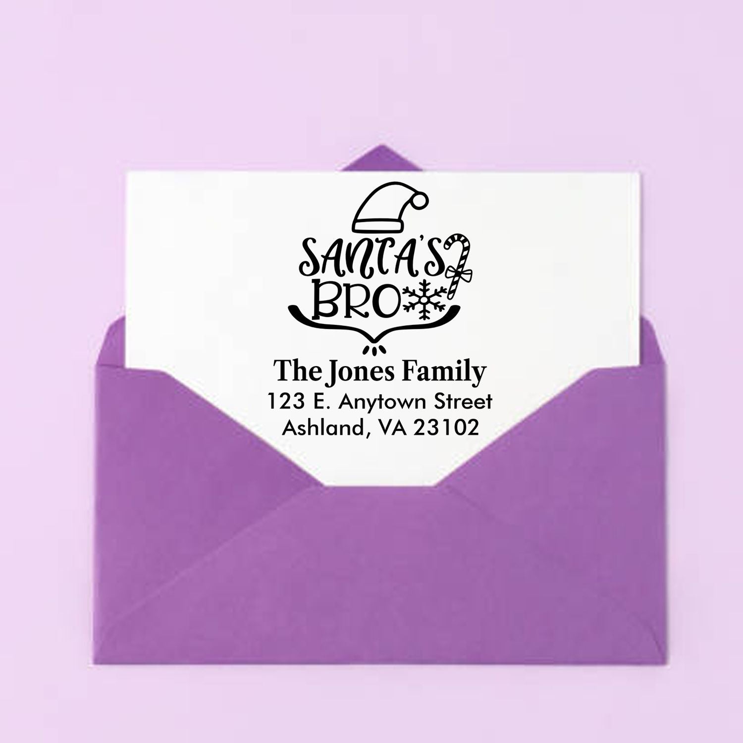 Personalized holiday return address rubber stamp with Santas Bro design for Christmas envelopes.