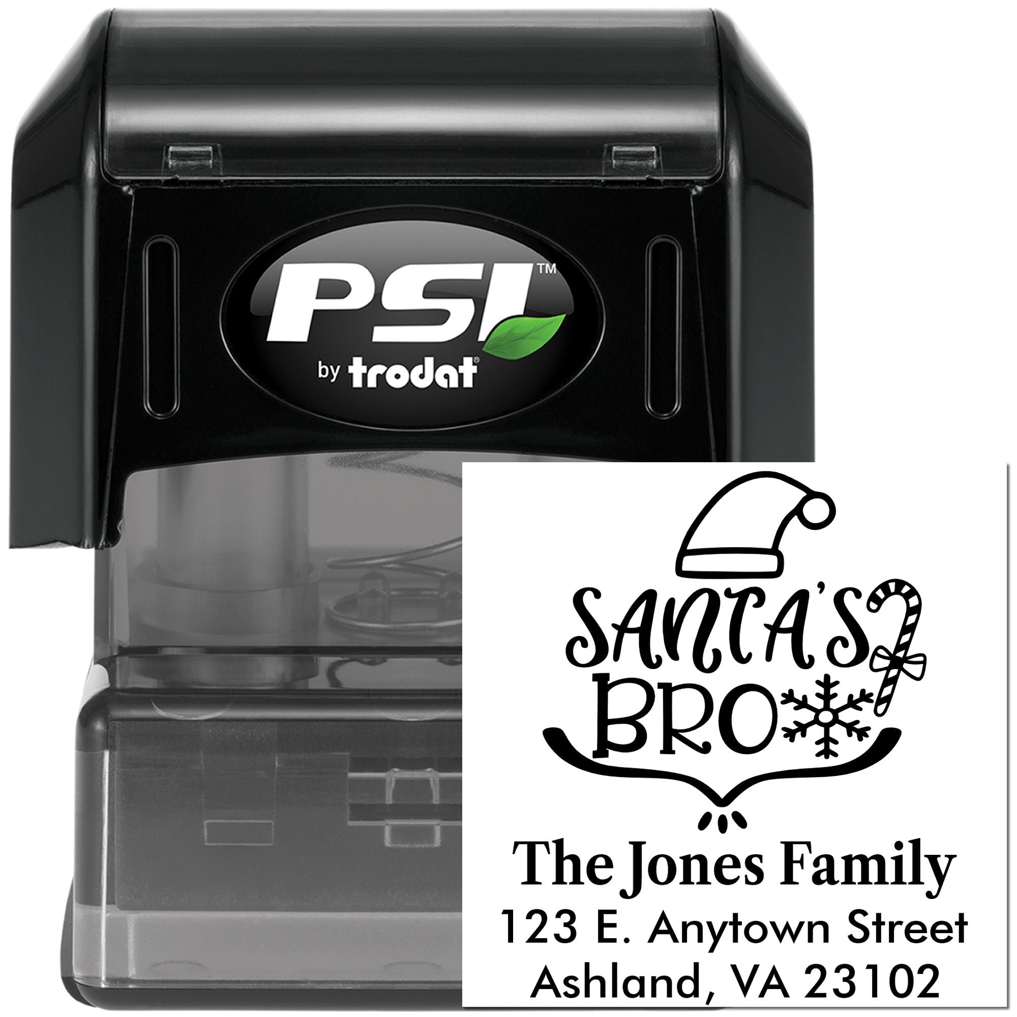 Custom holiday return address self-inking rubber stamp by PSI by Trodat with Santa Bro design and family address.
