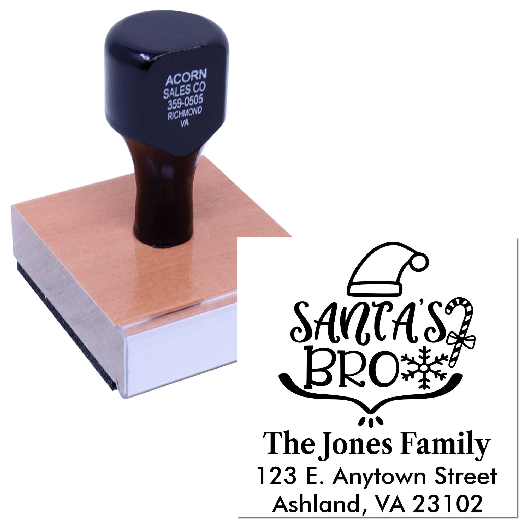 Custom holiday address rubber stamp for Santas Bro family cards, shown on a wood-mounted stamping block.