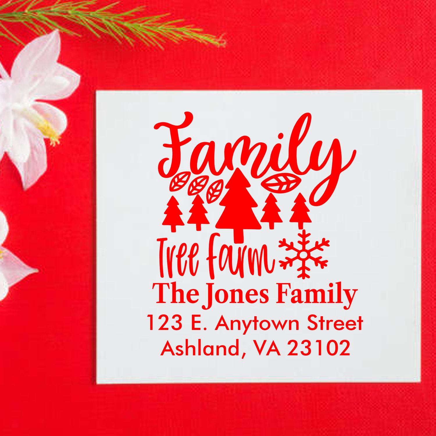 Custom family tree farm rubber stamp with holiday return address for The Jones Family, Ashland, VA.