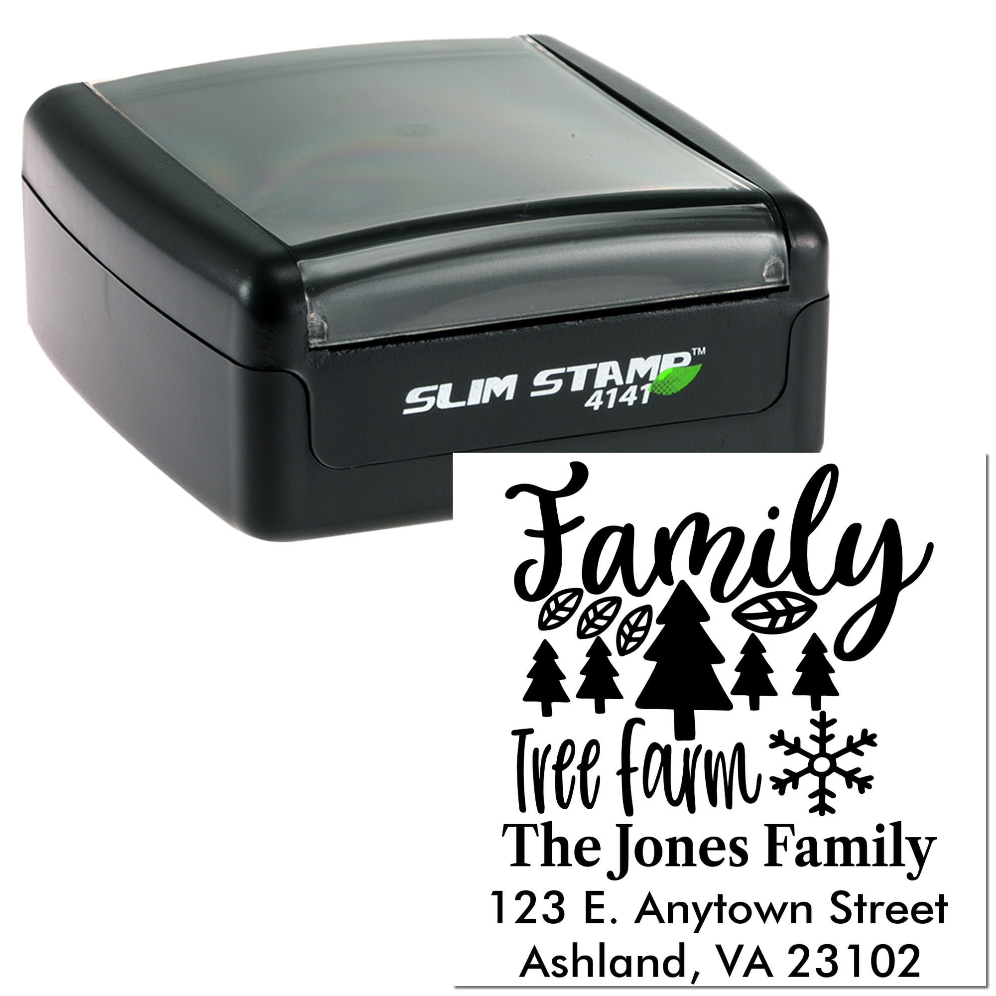 Personalized self-inking rubber stamp with family farm return address and tree graphic design.