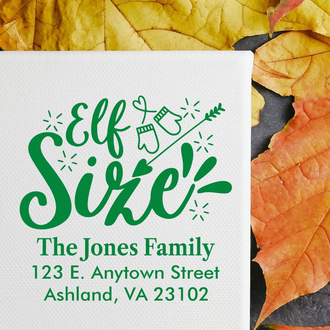 Custom Elf Size return address rubber stamp for The Jones Family, Ashland, VA, with festive mitten design.
