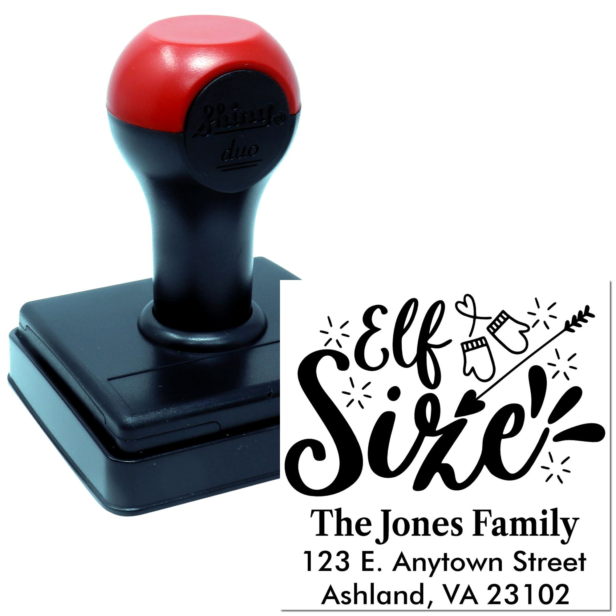 Custom self-inking rubber stamp with Elf Size holiday address design for Christmas cards and personalized family mailings