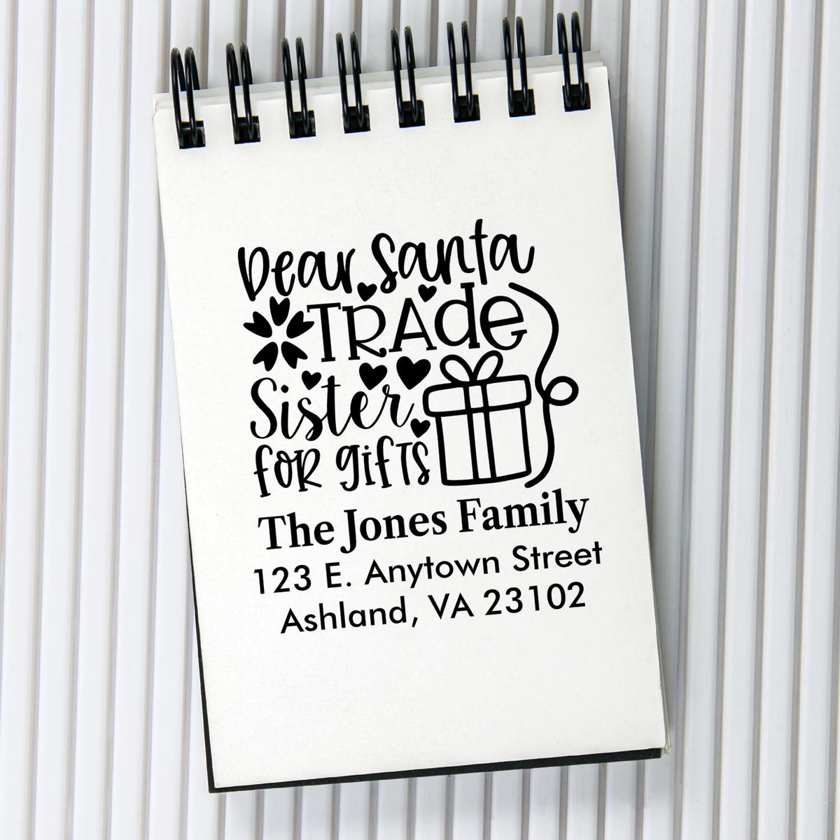 Personalized holiday return address rubber stamp featuring Dear Santa, trade sister for gifts with custom family address.