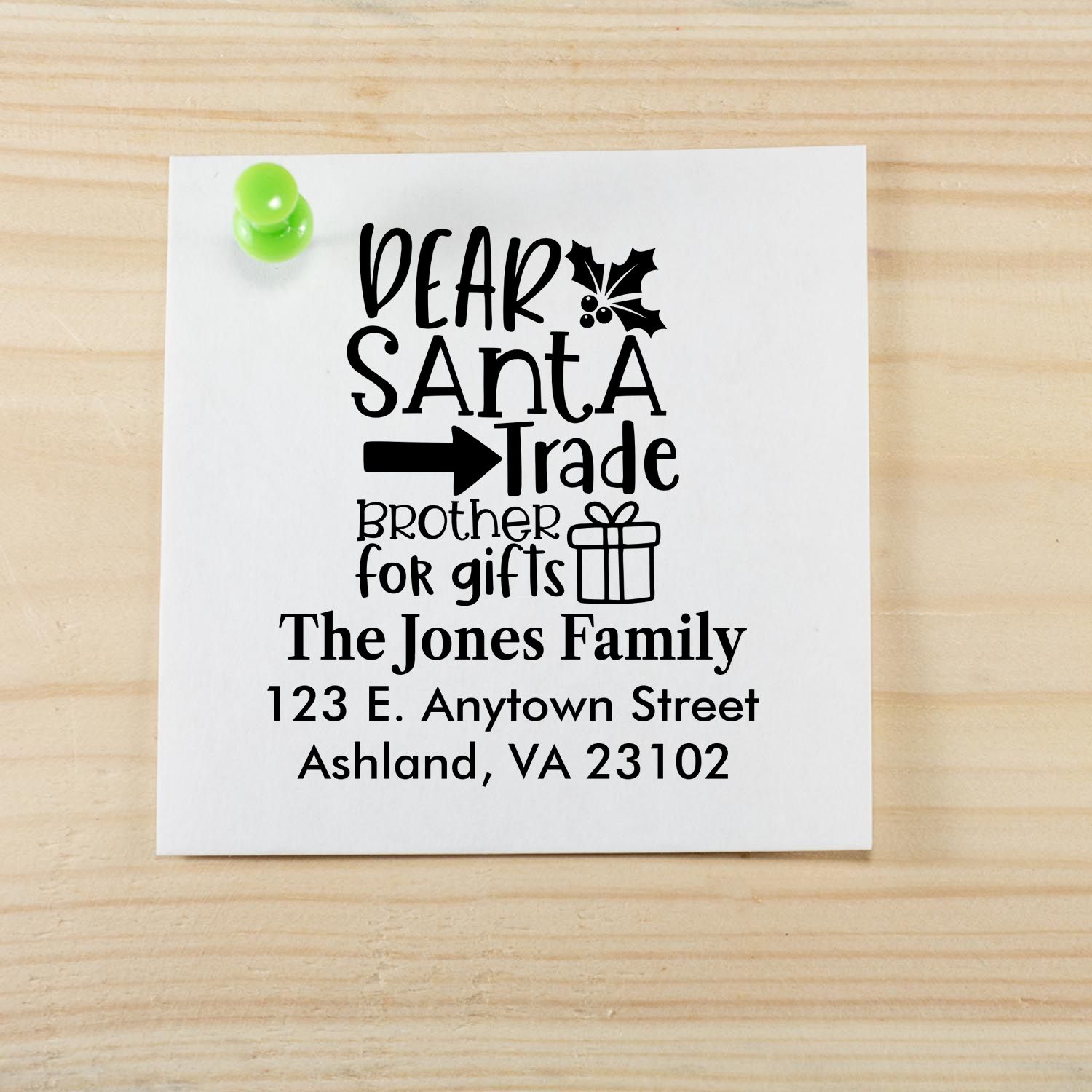 Custom Christmas return address rubber stamp with Dear Santa, trade brother for gifts holiday family address design