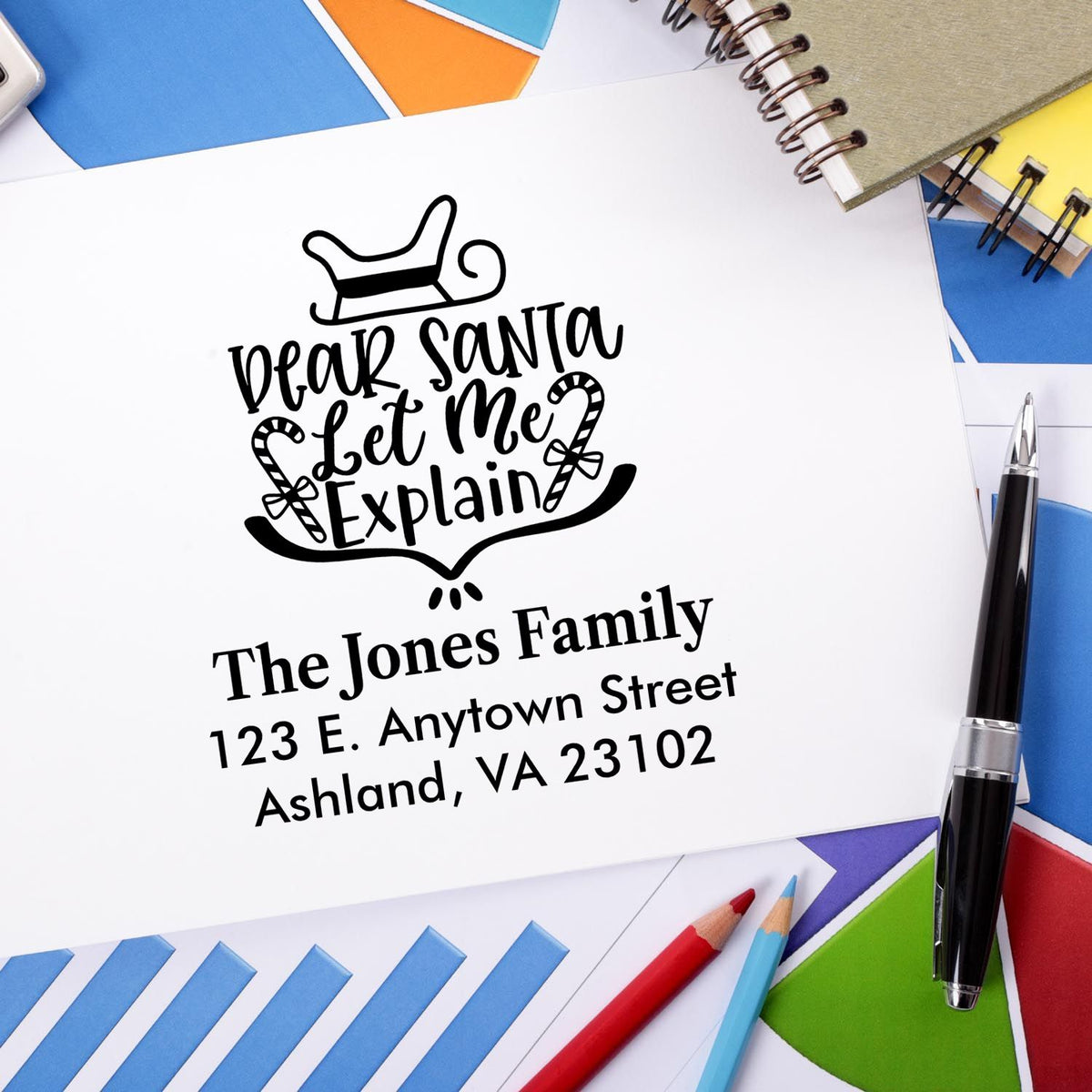 Personalized Dear Santa Let Me Explain rubber stamp with family name and address for holiday mail and Christmas cards.