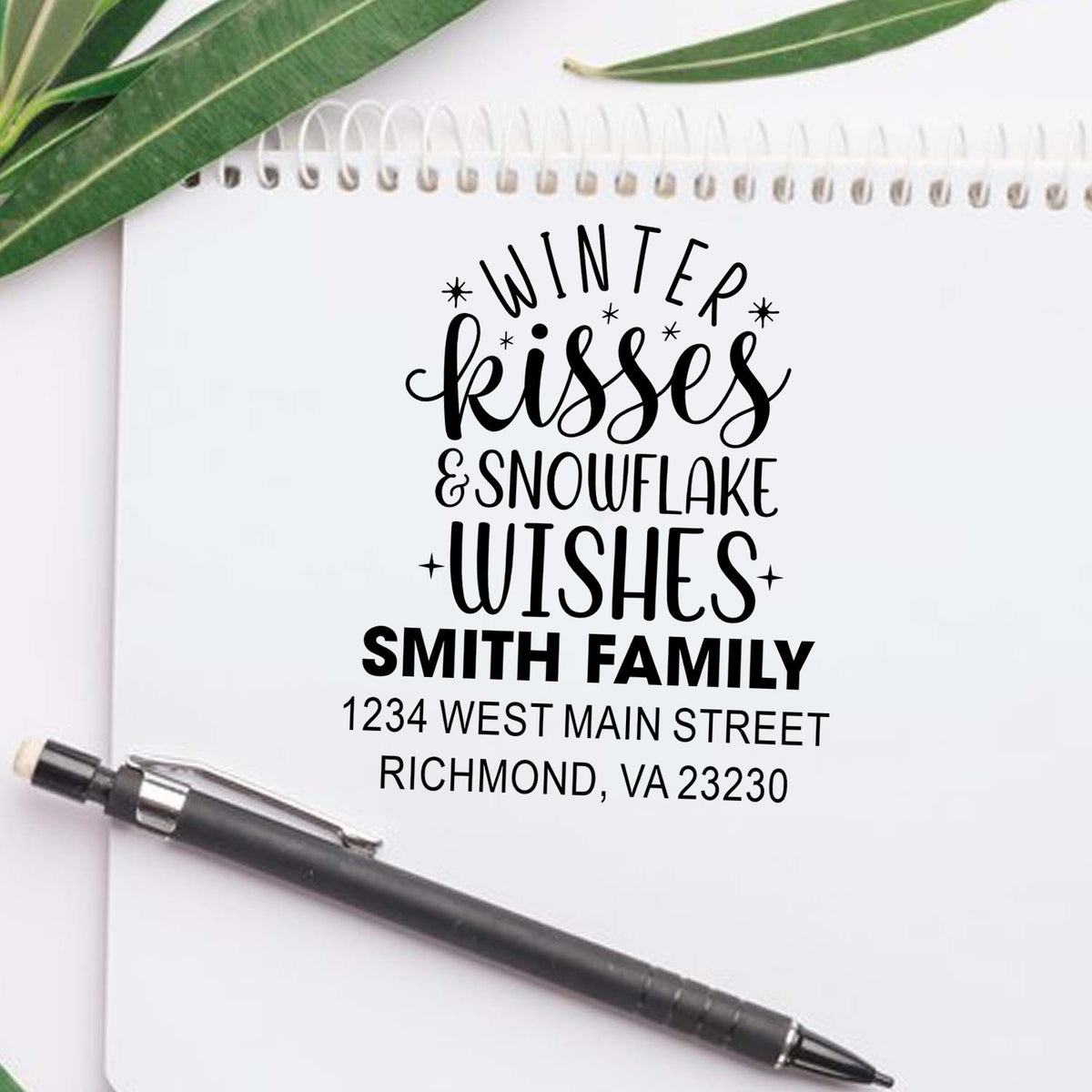 Custom winter kisses and snowflake wishes rubber stamp with Smith family name and address for holiday stationery and cards.