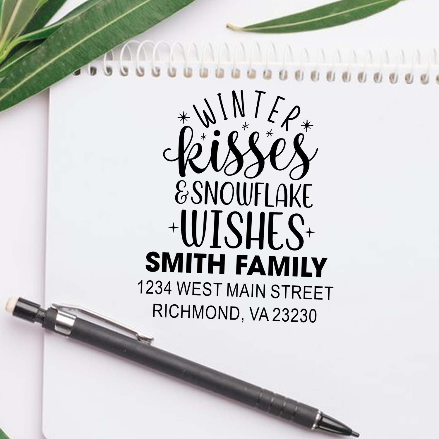 Personalized winter holiday address rubber stamp for Smith family, featuring Winter Kisses & Snowflake Wishes design.