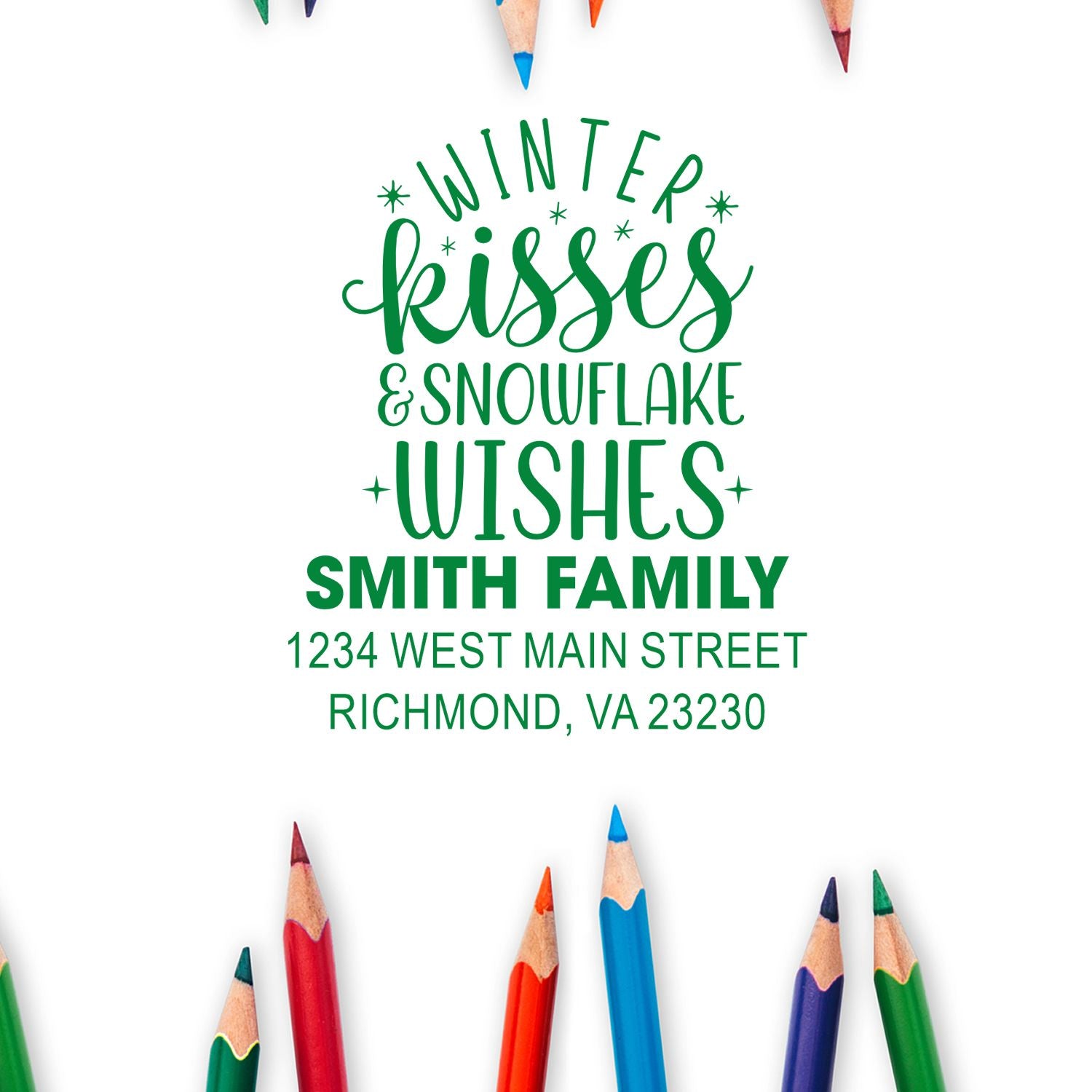 Custom winter holiday return address rubber stamp design with Winter Kisses & Snowflake Wishes for the Smith Family.