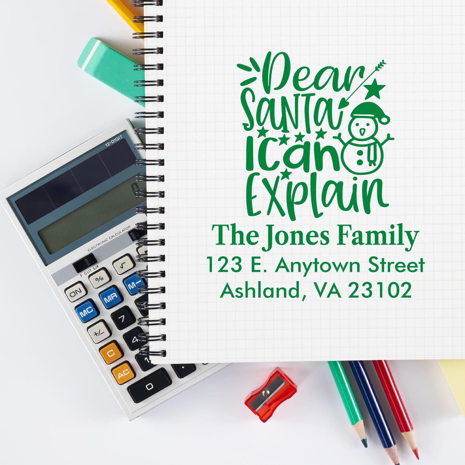 Custom holiday address rubber stamp with Dear Santa I Can Explain design for The Jones Family.