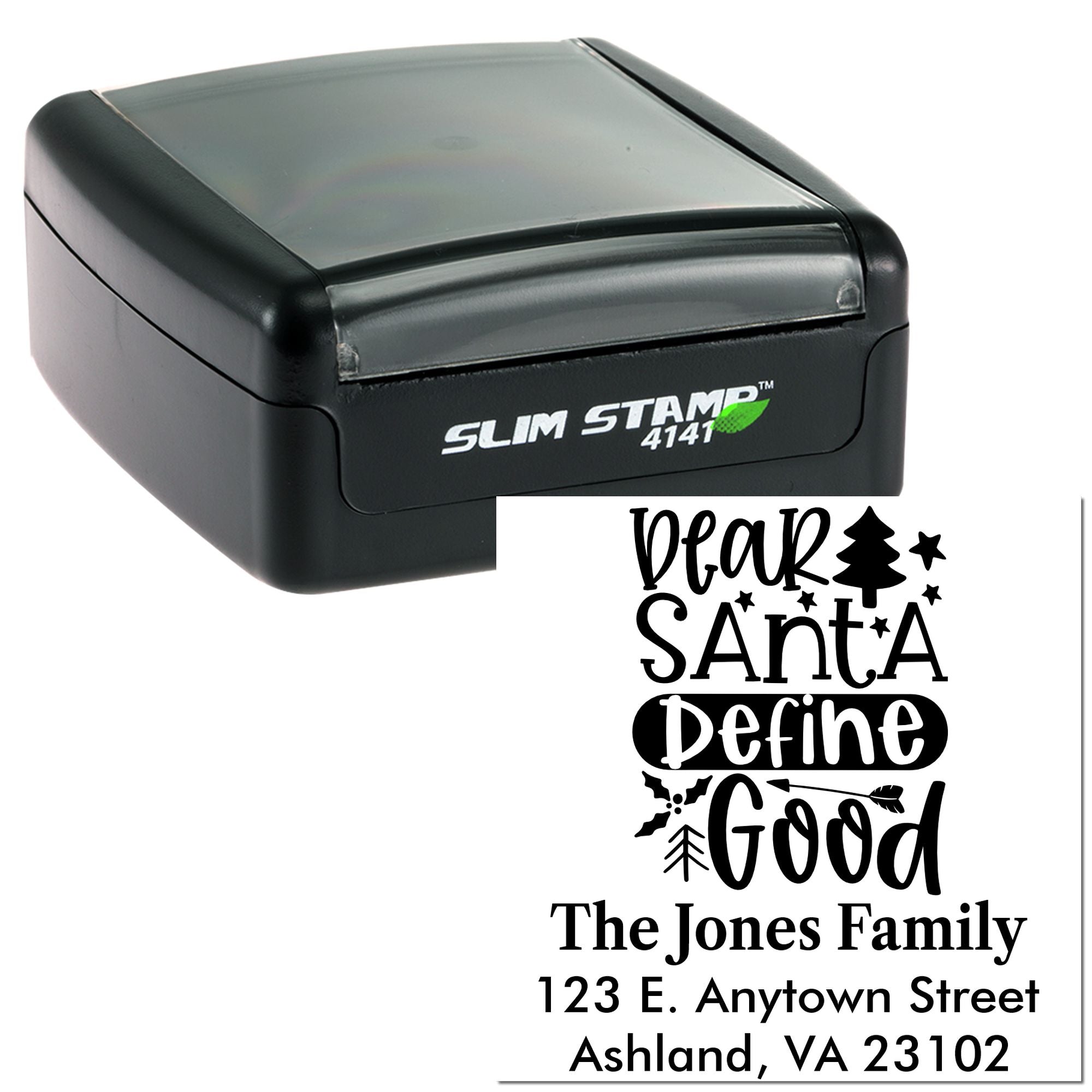 Custom self-inking rubber return address stamp with Deer Santa holiday design for The Jones Family, Ashland, VA.