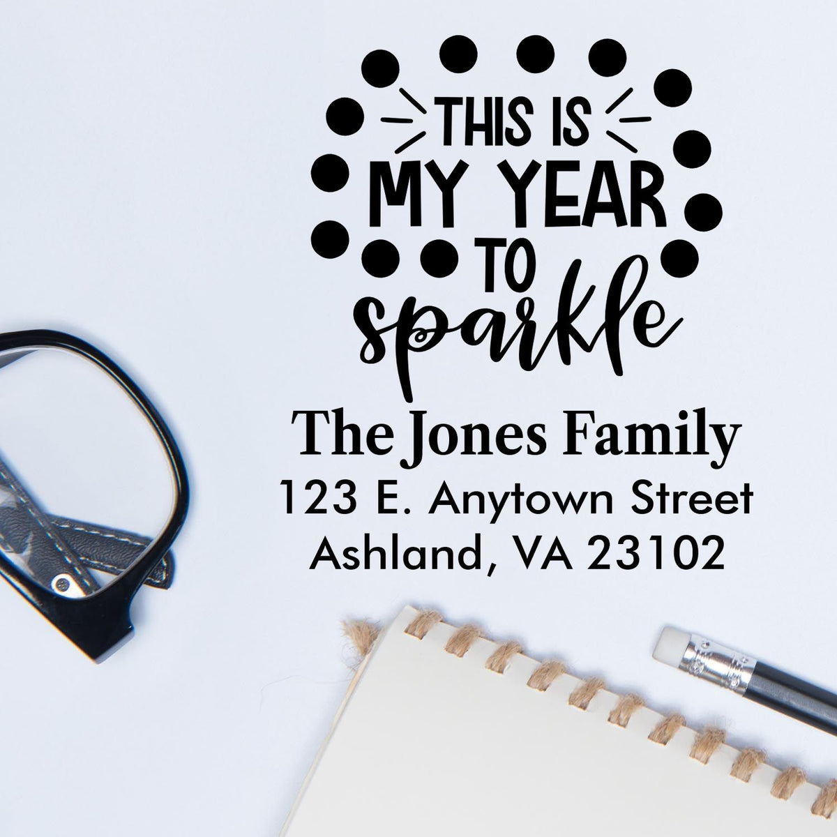 Personalized rubber stamp design with This is my year to sparkle and family address for cards, gifts, and stationery.