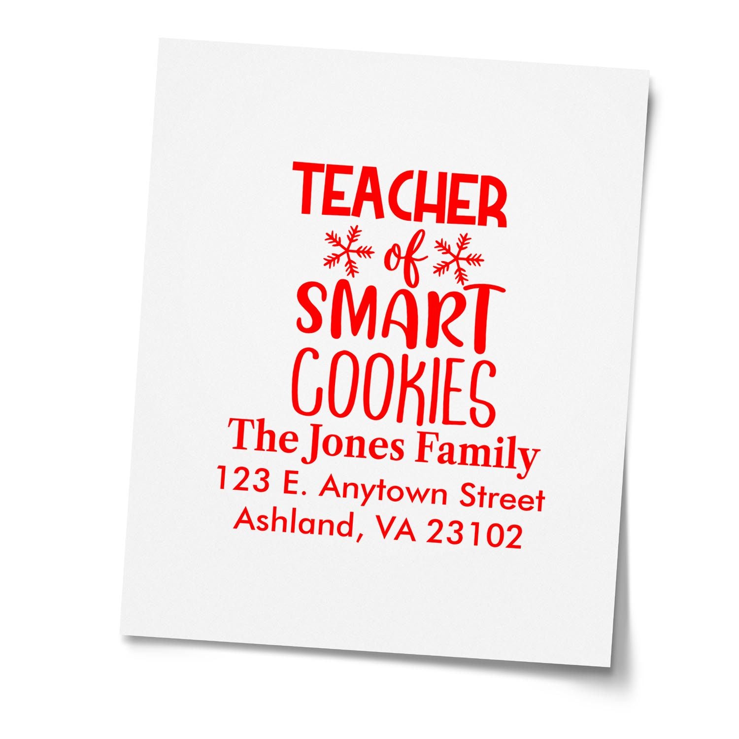 Personalized teacher rubber stamp with Teacher of Smart Cookies text and family address for holiday cards.