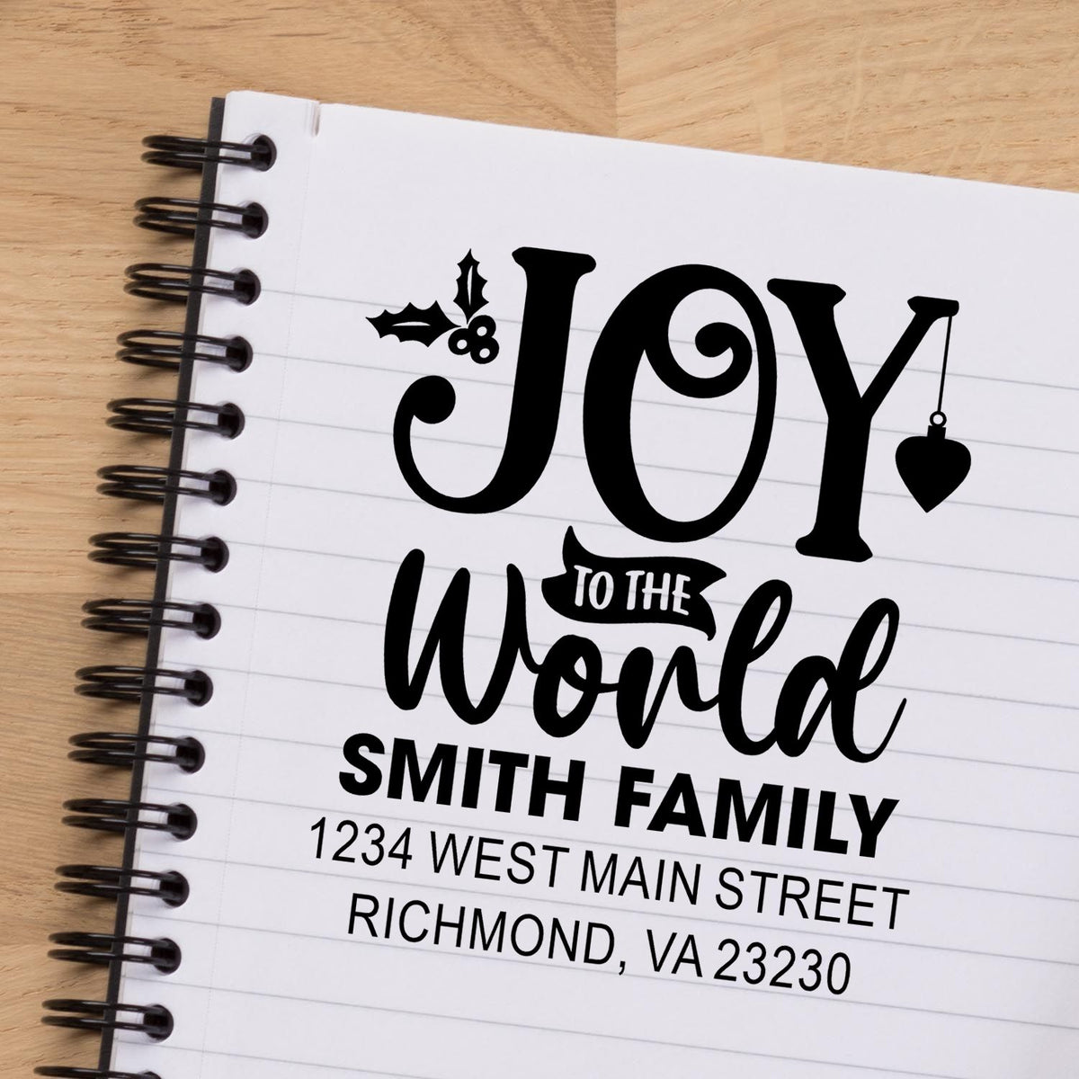 Custom Joy to the World return address rubber stamp for Smith Family, Richmond, VA, with festive holiday greeting.