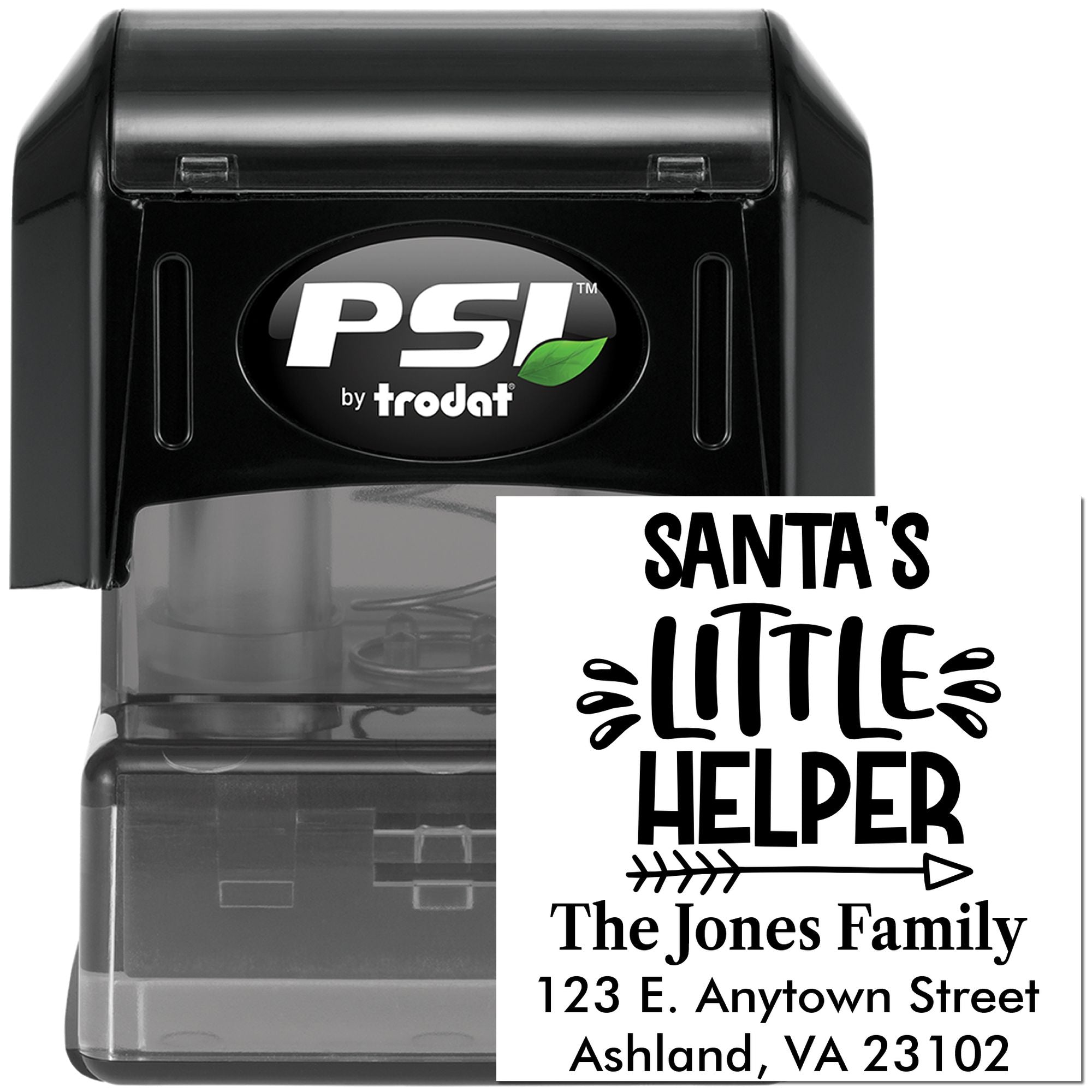 PSI by Trodat self-inking rubber stamp with custom Santas Little Helper family return address design