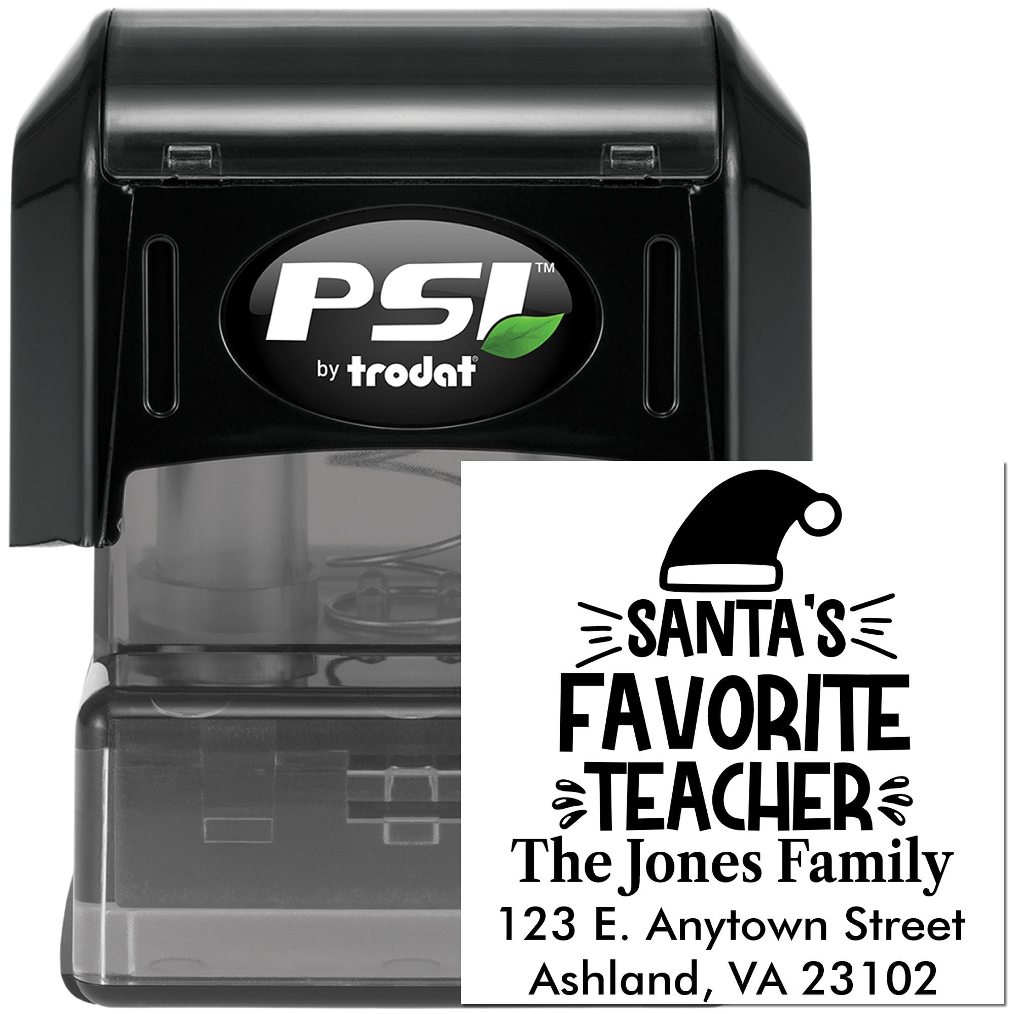 PSI by Trodat self-inking rubber stamp with custom Santa's Favorite Teacher holiday return address design.
