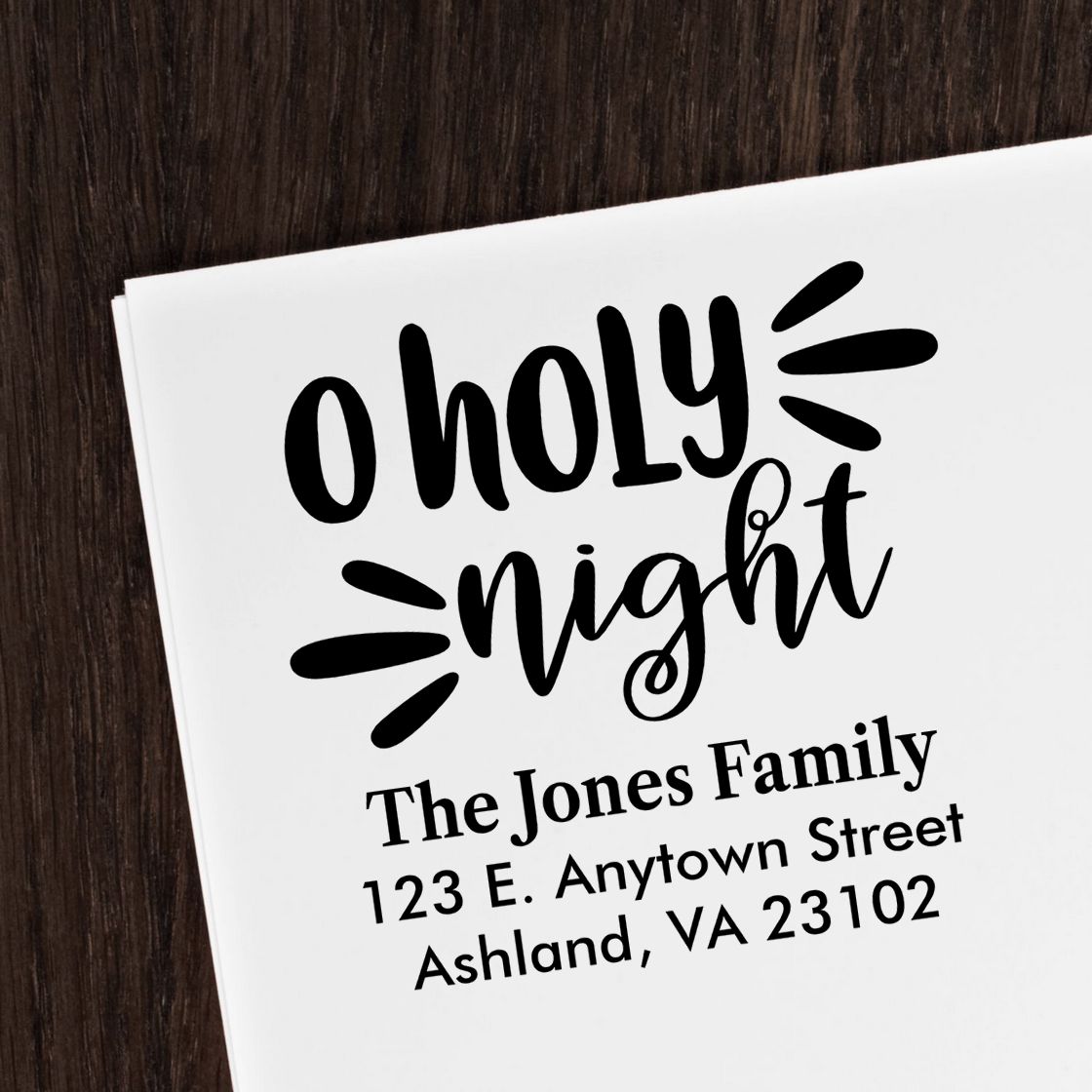 Custom Christmas return address stamp with O Holy Night design for holiday cards, envelopes, and gifts.