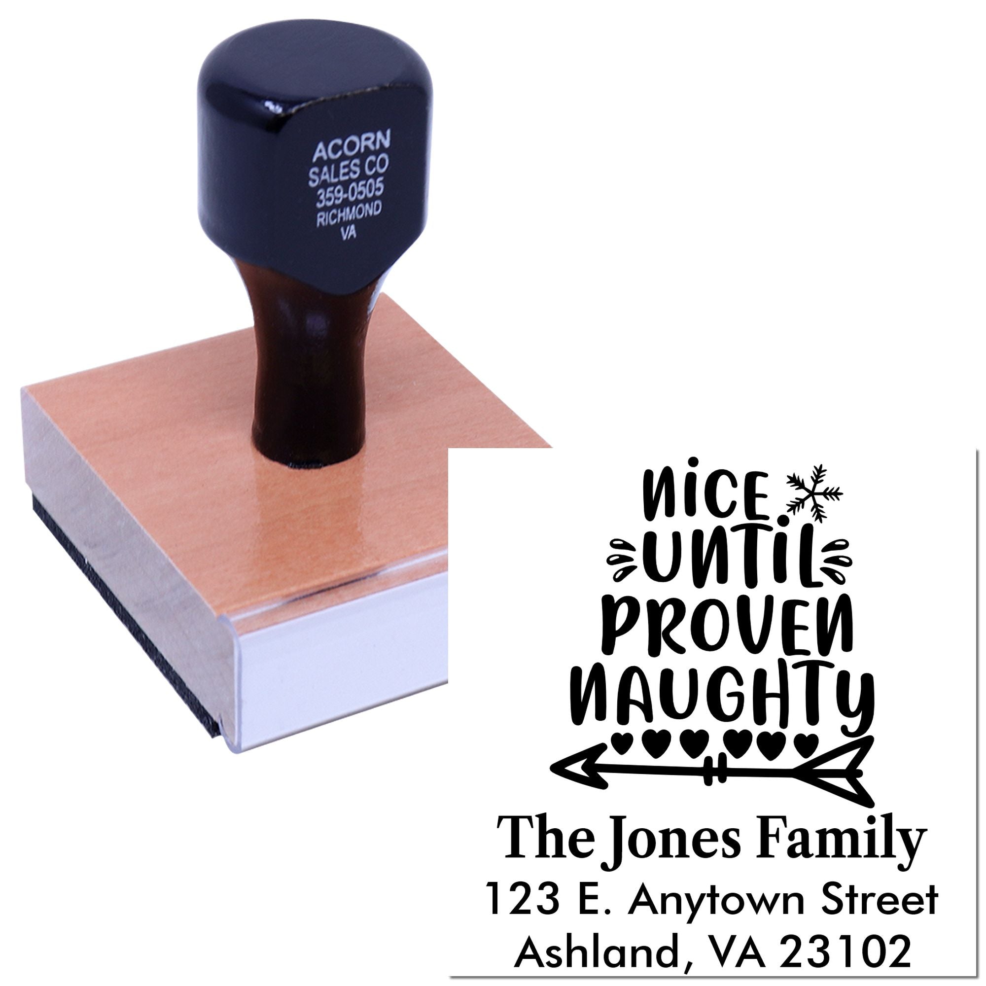 Custom rubber stamp with Nice Until Proven Naughty family address design for holiday cards, gifts, and mail.