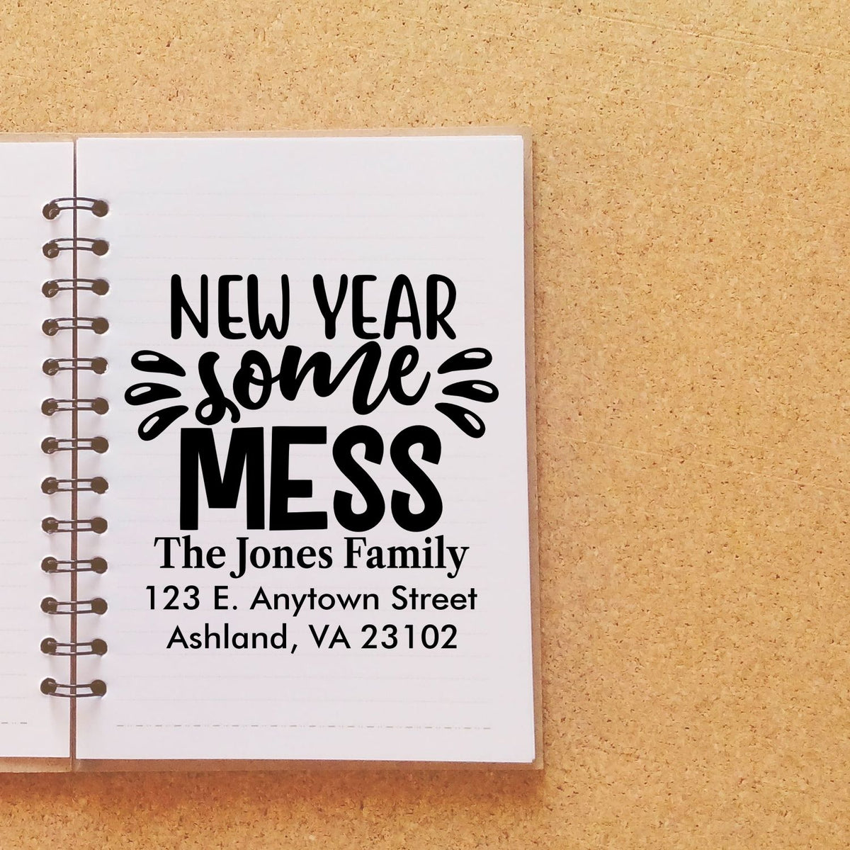 Personalized New Year Some Mess rubber stamp with family name and address for holiday cards and custom stationery.