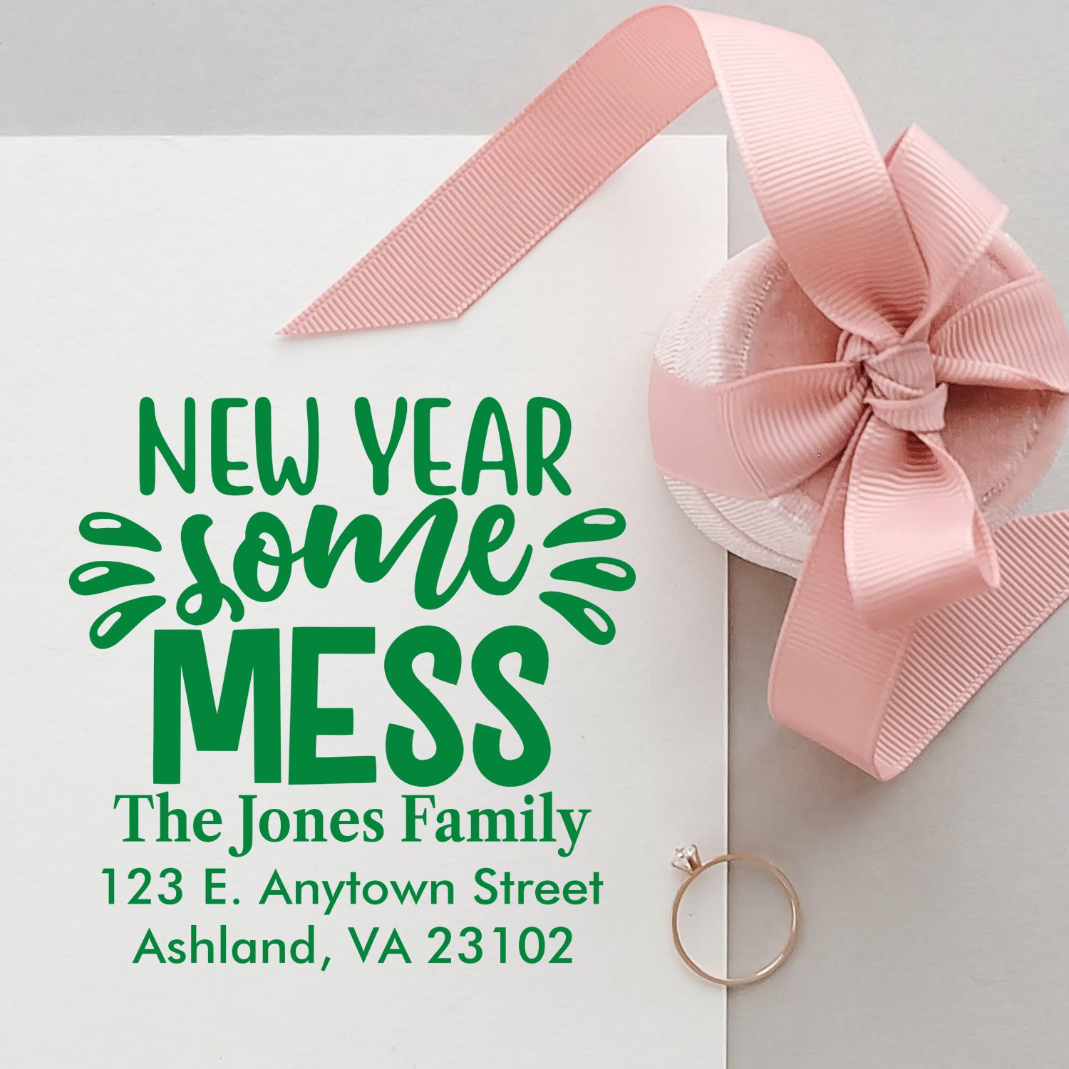 Custom New Year Some Mess rubber stamp with family return address for holiday cards and gift tags.
