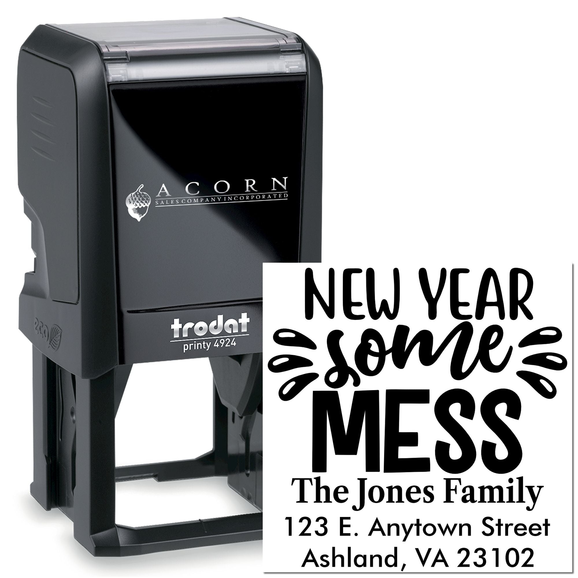 Custom self-inking rubber address stamp with New Year, Same Mess design for The Jones Family and their mailing address.