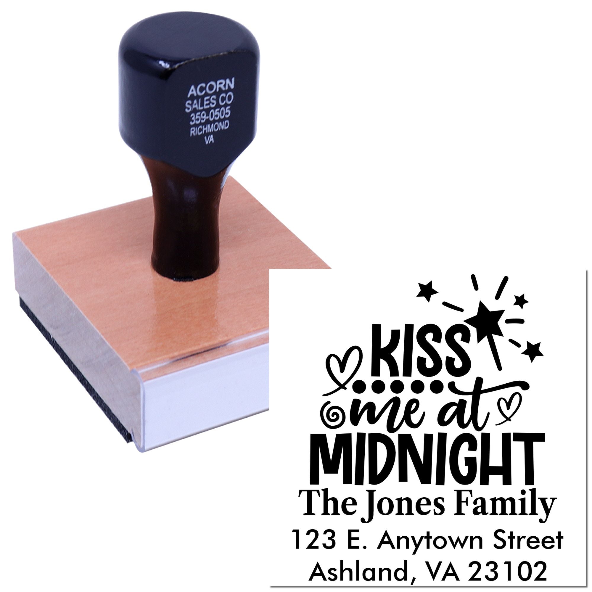 Personalized rubber stamp with Kiss Me at Midnight family address design for wedding invitations and stationery.