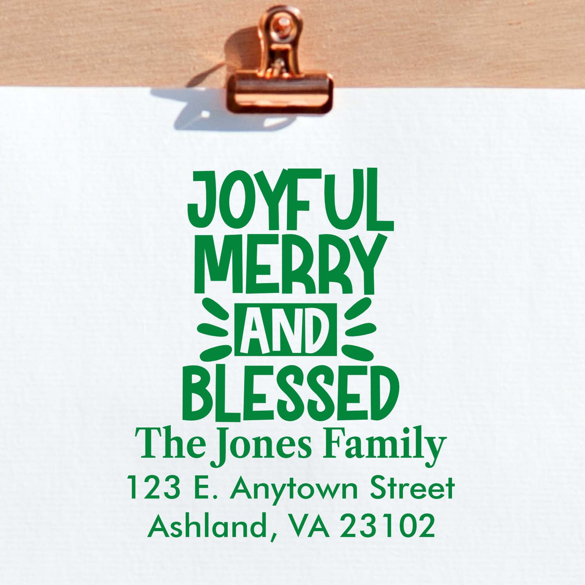 Personalized Christmas return address rubber stamp for The Jones Family, Ashland, VA, with Joyful Merry and Blessed design.