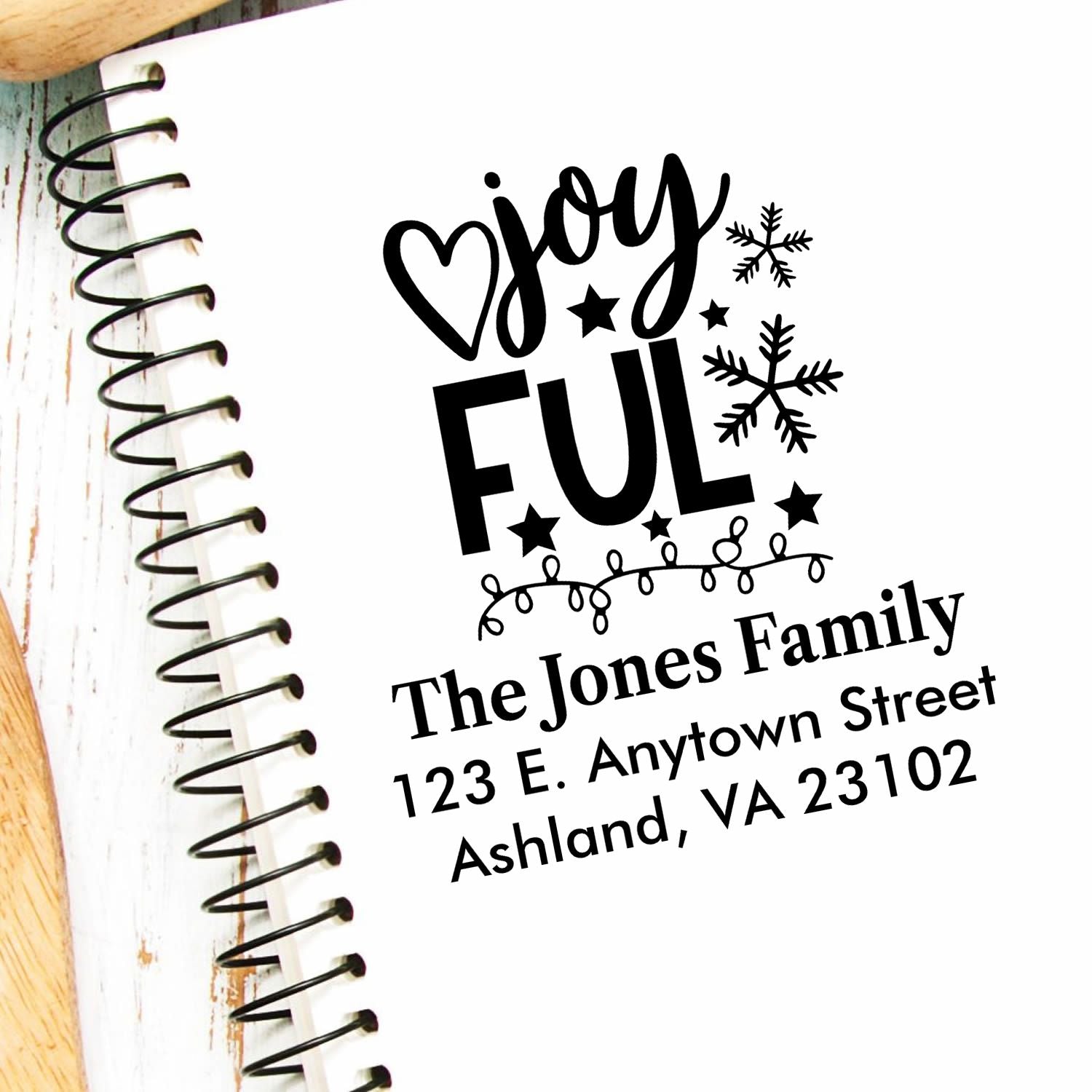 Custom holiday return address rubber stamp featuring Joy Full design, snowflakes, and family name.