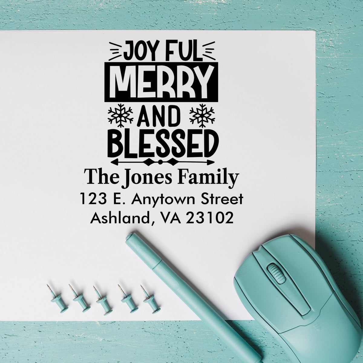 Personalized Christmas return address rubber stamp with Joyful Merry and Blessed design for The Jones Family holiday cards