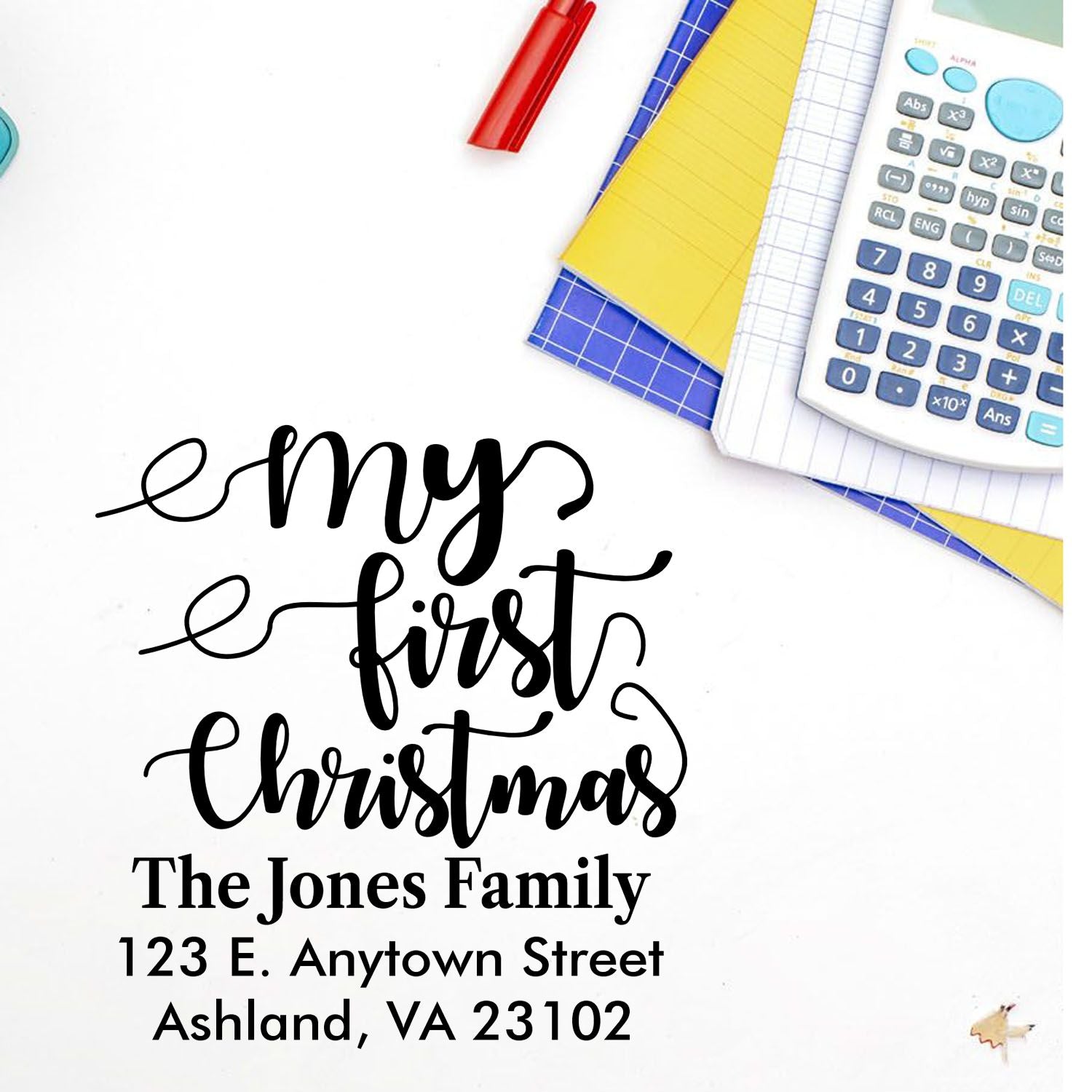Custom first Christmas rubber stamp with family name and address for personalized holiday cards and envelope addressing.
