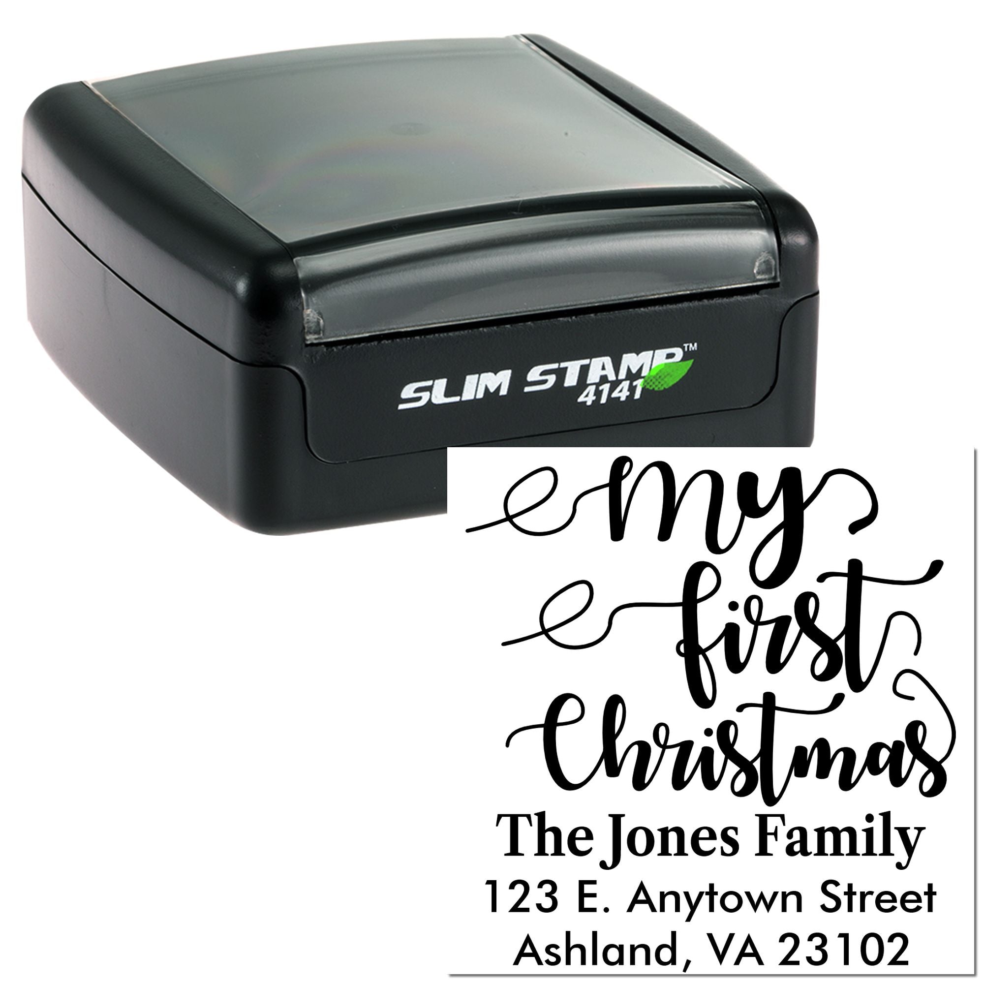 Personalized self-inking rubber stamp for holiday cards with My First Christmas design and custom return address.