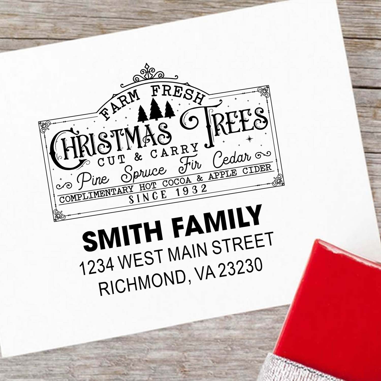 Personalized Christmas tree rubber stamp with Smith Family return address, ideal for holiday cards and seasonal mailing.